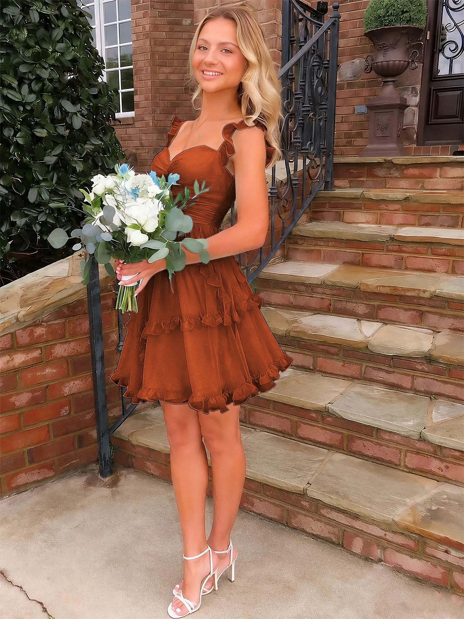 A Line Ruffled Tiered Chiffon Homecoming Dress with Lace-Up Back