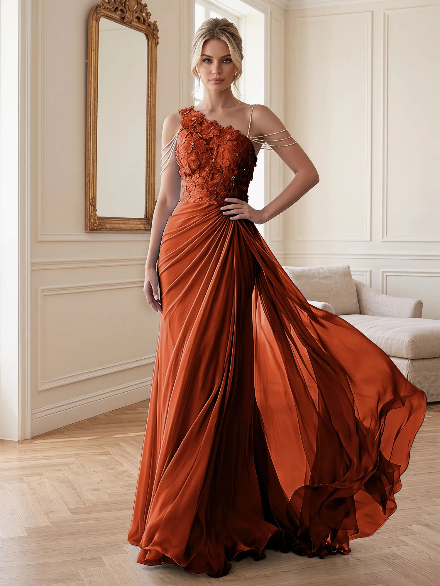 One-Shoulder Floral Lace Chiffon Evening Gown