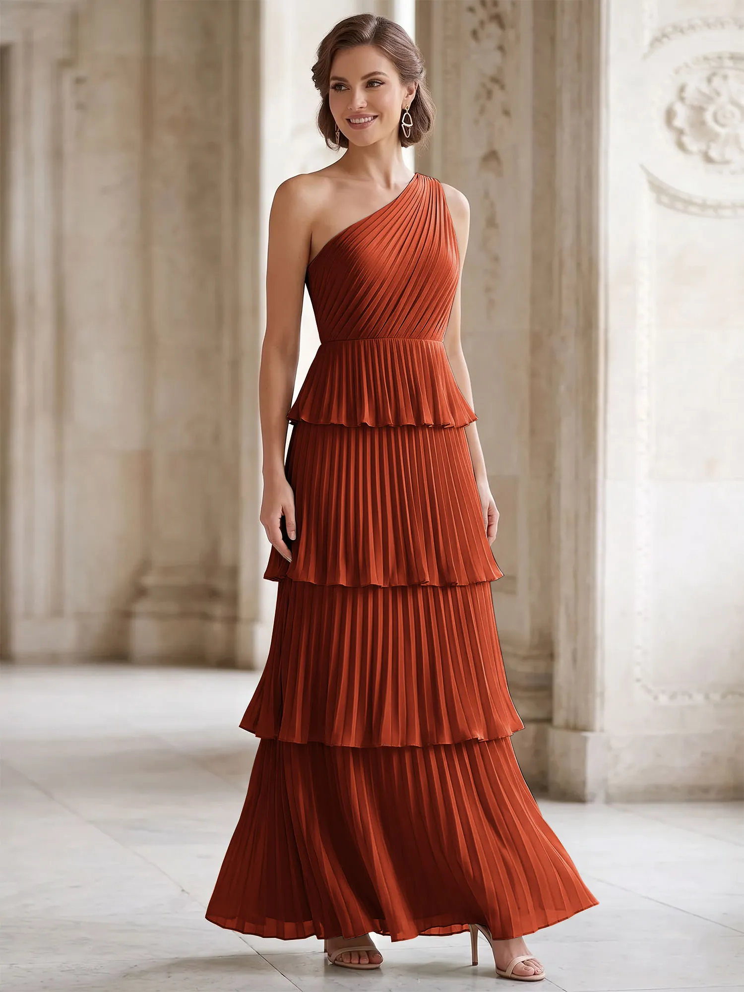 One-Shoulder Tiered Pleated Chiffon Evening Gown