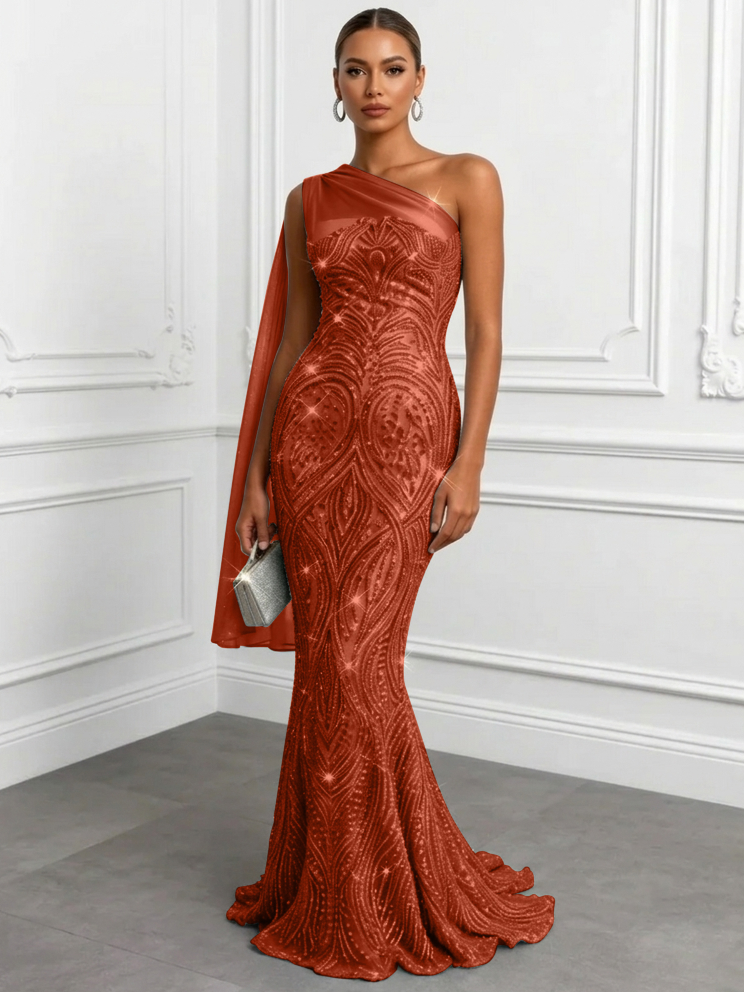 Shimmering Sage One-Shoulder Sequin Mermaid Evening Dress