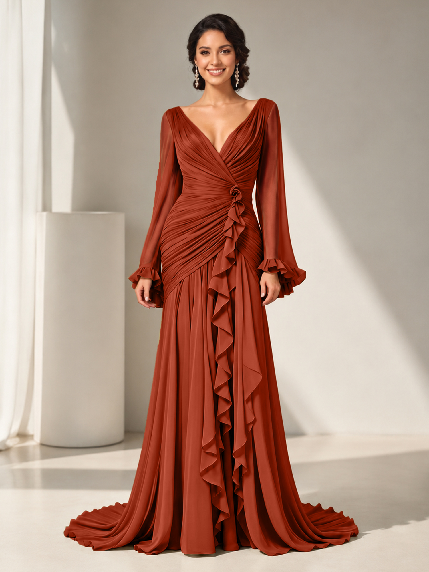 Grecian Olive Green Ruched Long-Sleeve Cascading Ruffle Formal Evening Dress
