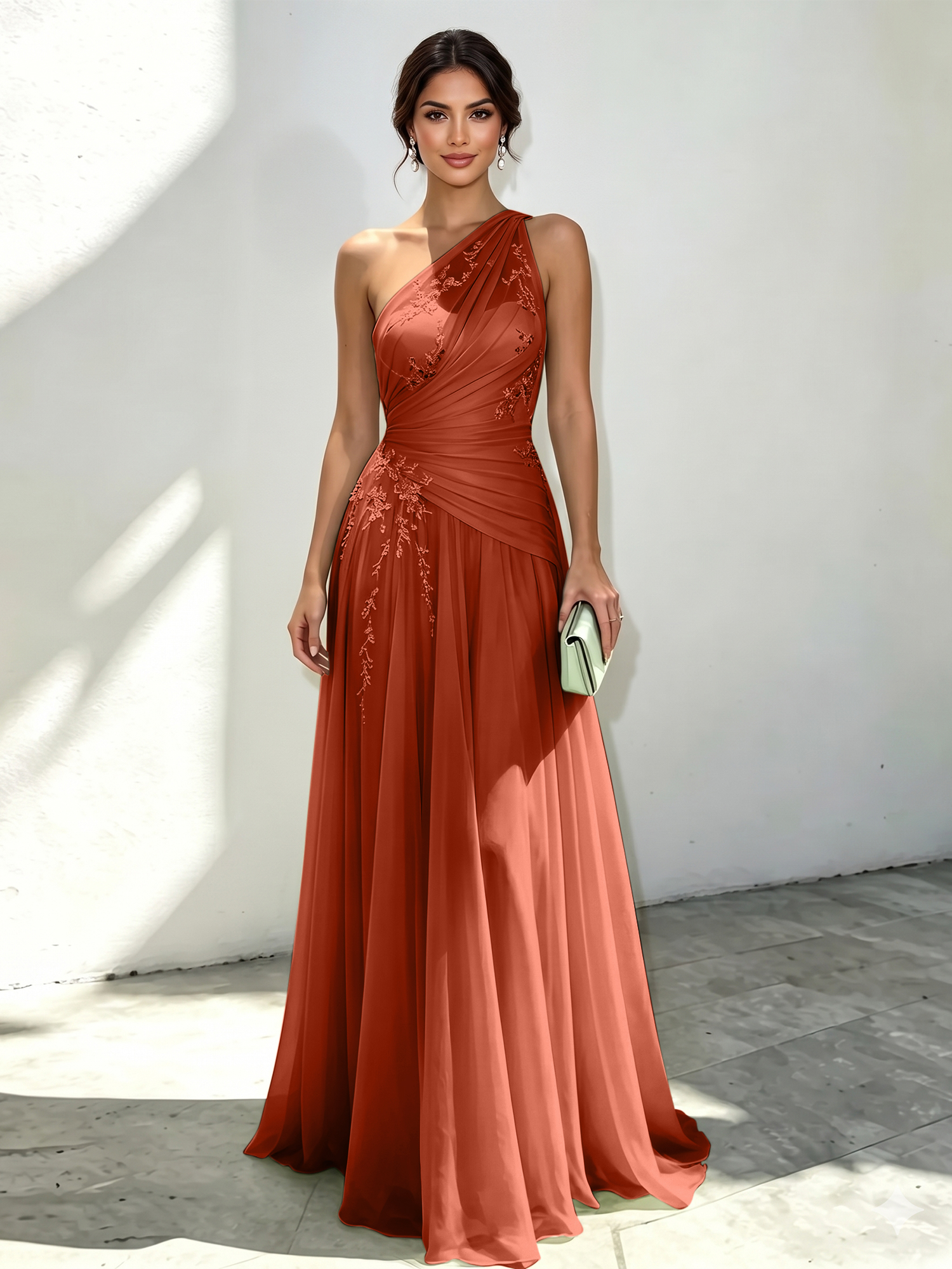 Ethereal Mint Green One-Shoulder Chiffon Evening Dress with Delicate Floral Embroidery
