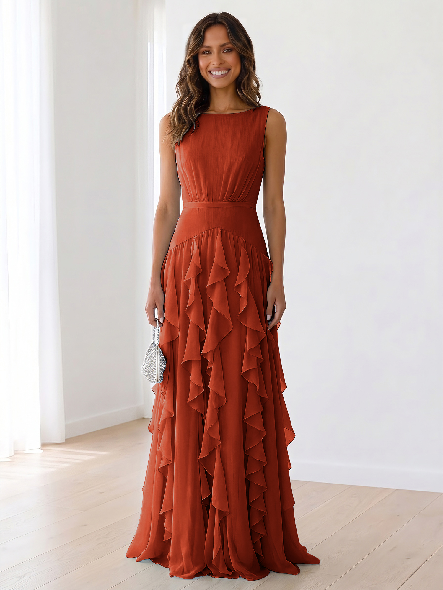 Ethereal Powder Blue Cascading Ruffle Maxi Formal Evening Dress