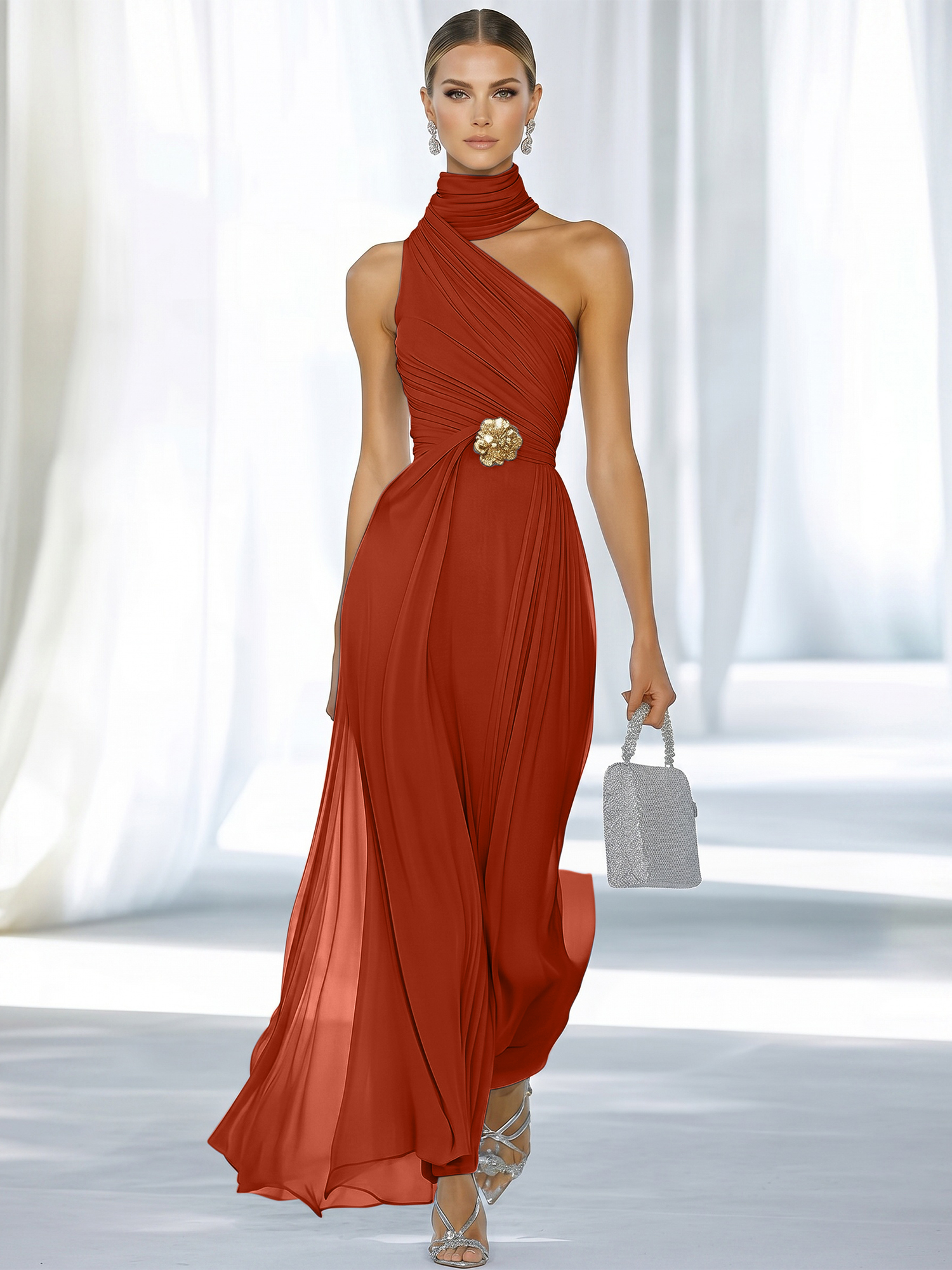 Sky Blue Pleated Chiffon Halter Strapless Formal Evening Dress