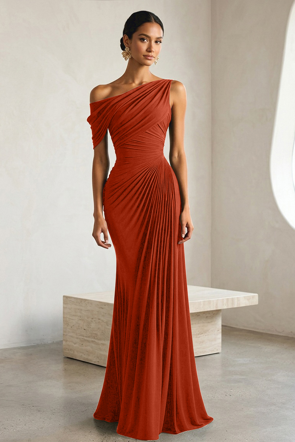 Timeless Black Architectural One-Shoulder Sheath Evening Gown