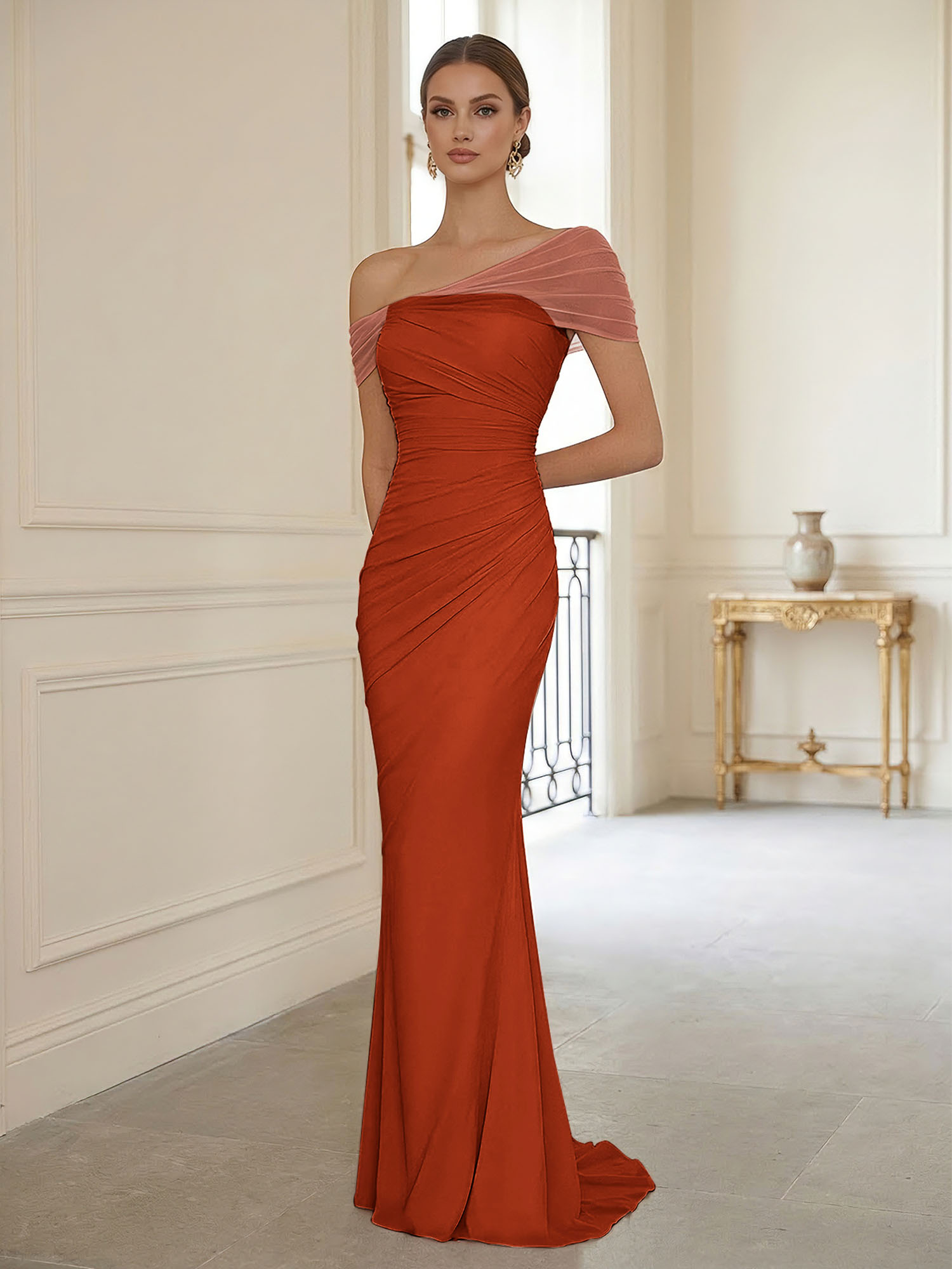 Sophisticated Blush Pink Asymmetrical Ruched Maxi Dress Evening Gown