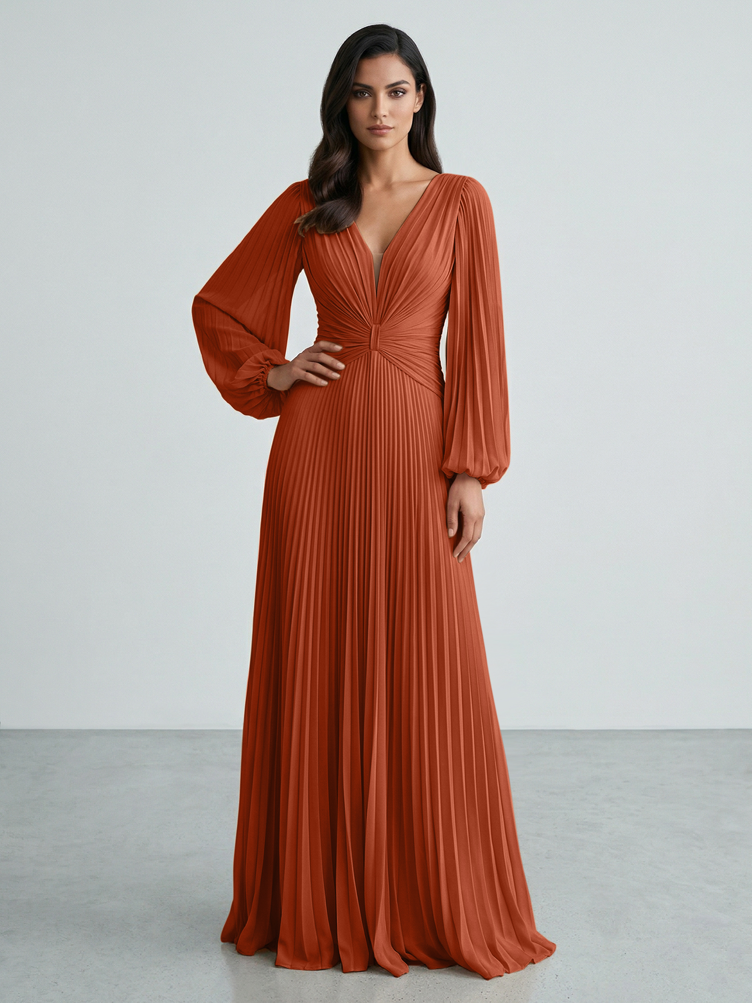 Slate Blue Plunging V-Neck Pleated Long Sleeve Maxi Dress Gown