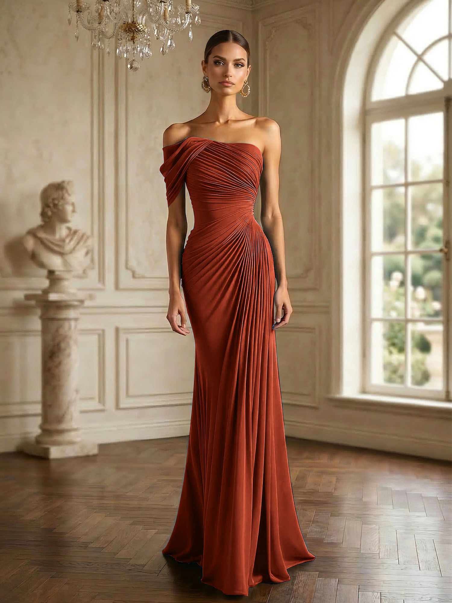 One Shoulder Pleat Mermaid Chiffon Evening Dresses for Women Gown