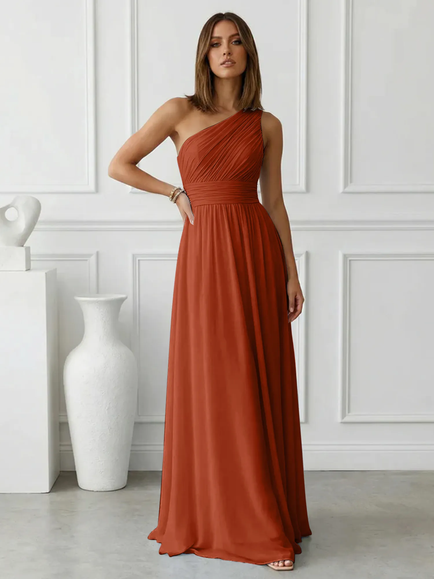 One-Shoulder Pleated Chiffon A-Line Evening Dress