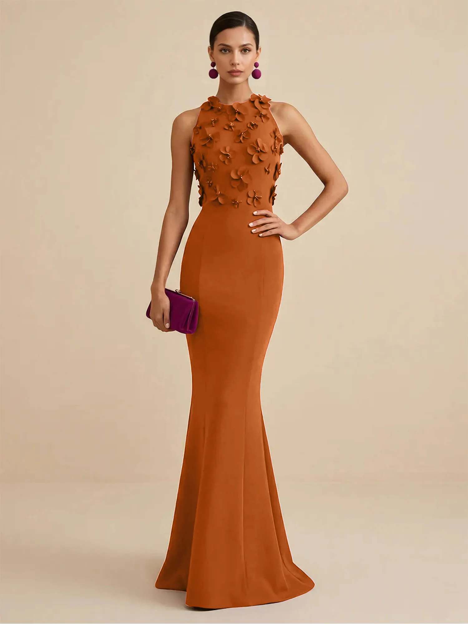 Scoop Neck 3D Floral Appliqué Crepe Mermaid Evening Gown