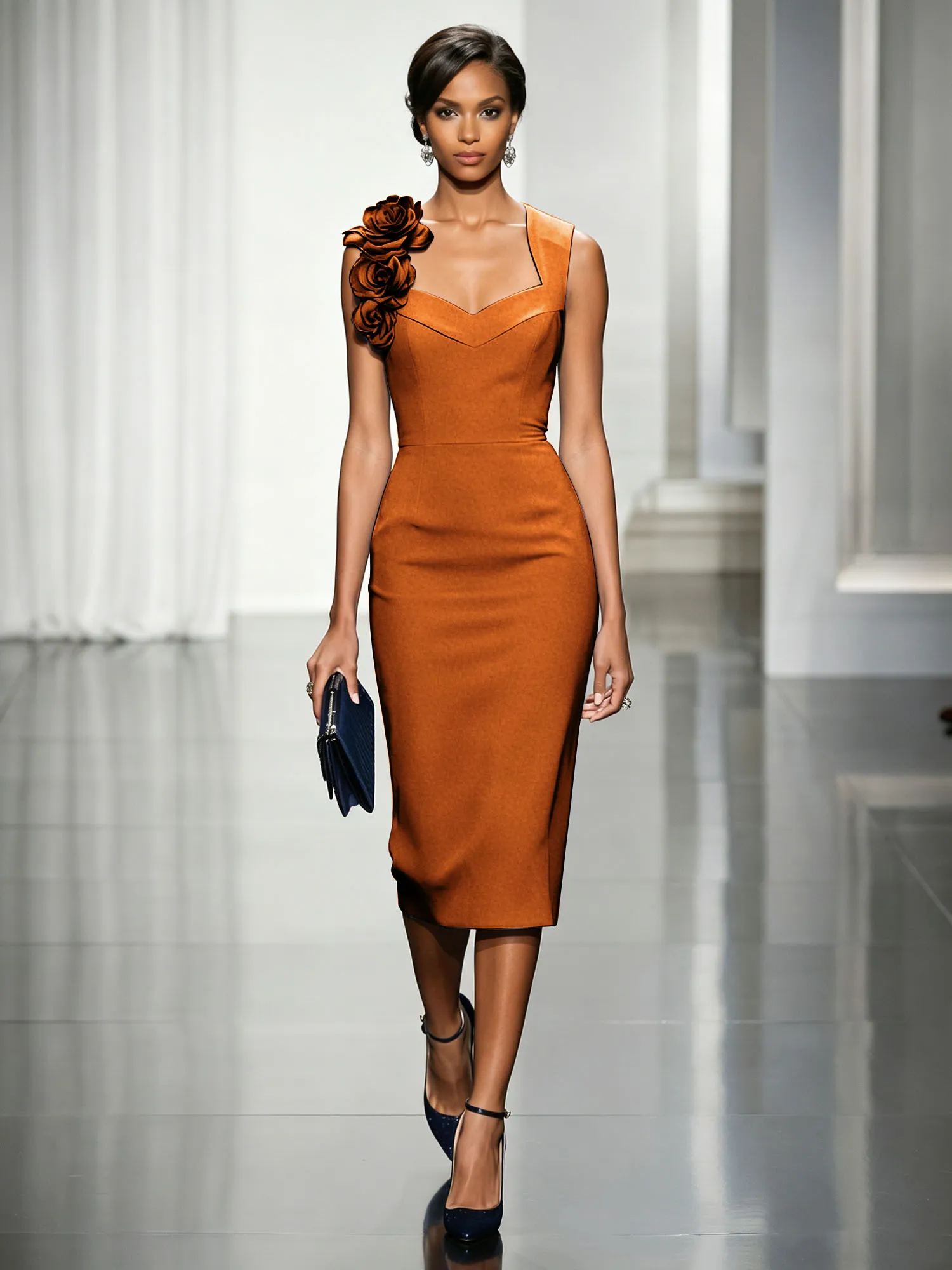 Asymmetric Neckline Crepe Midi Dress with 3D Floral Appliqué