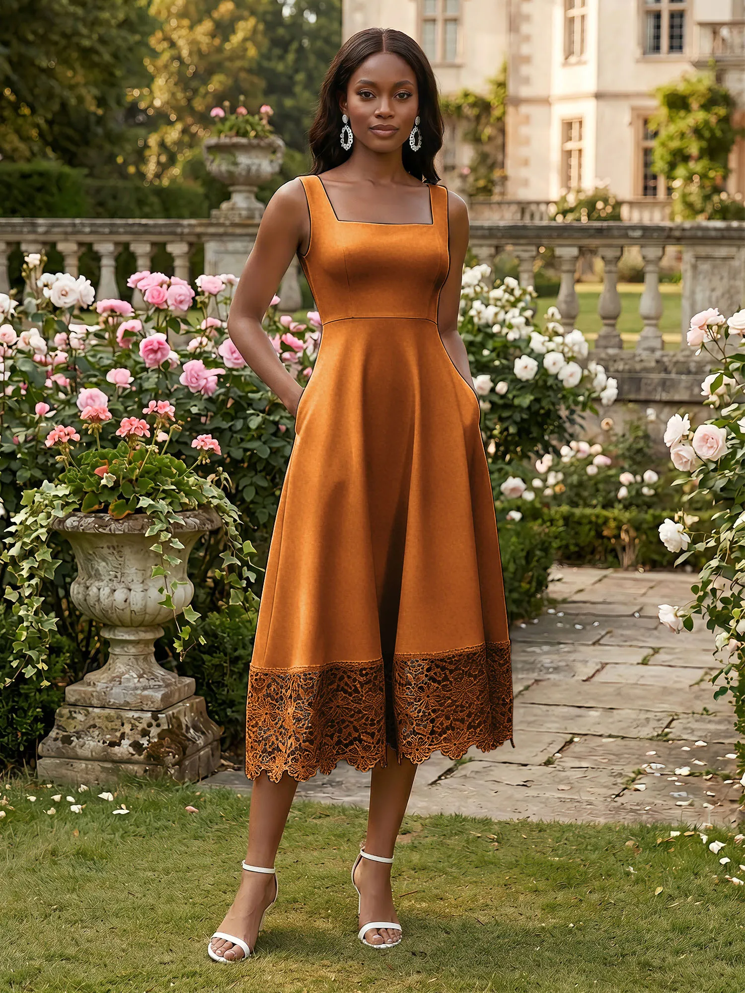 Square Neck Crepe Midi Evening Dress with Lace Hem