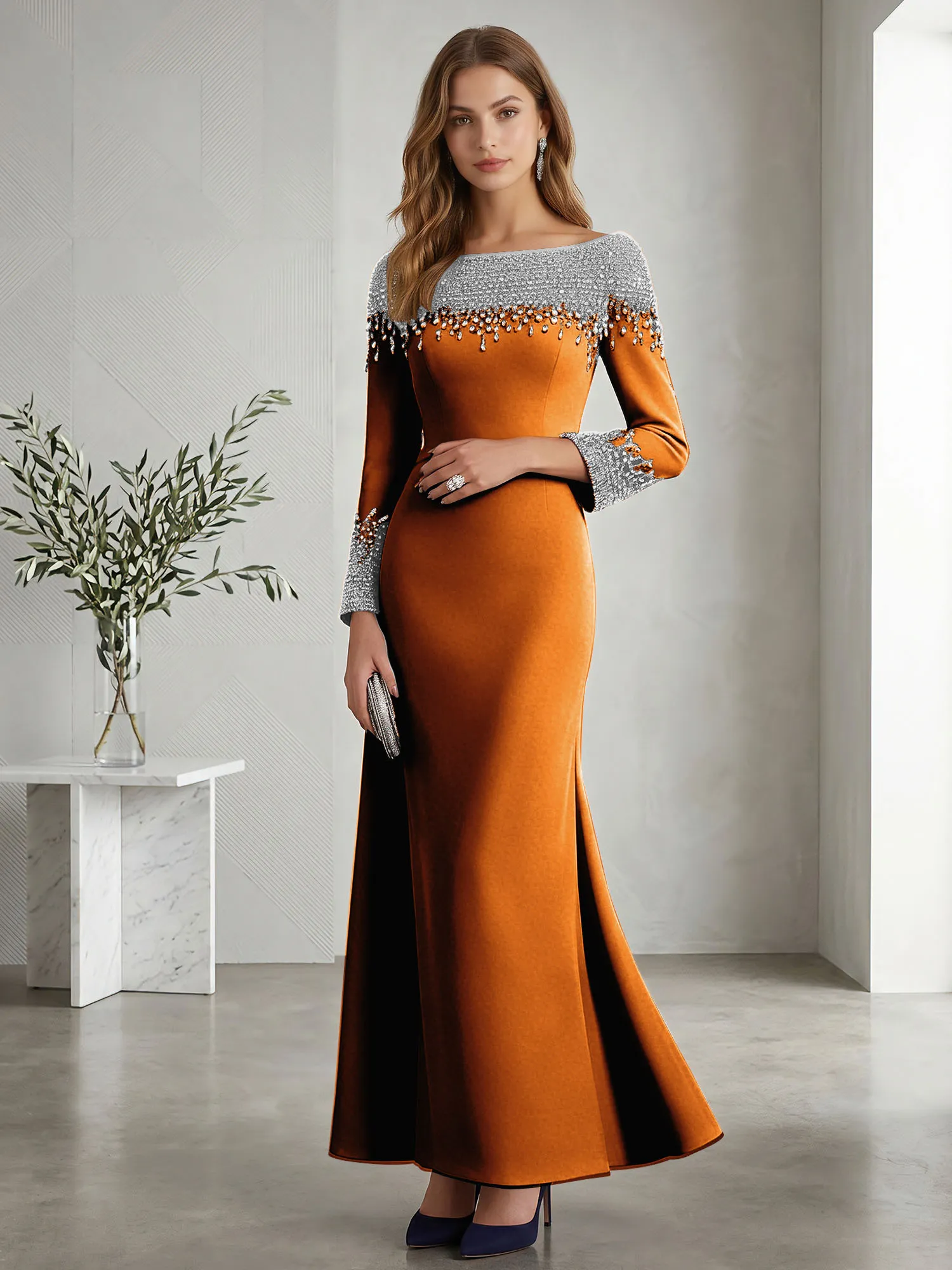 Beaded Off-the-Shoulder Long Sleeve Mermaid Evening Gown