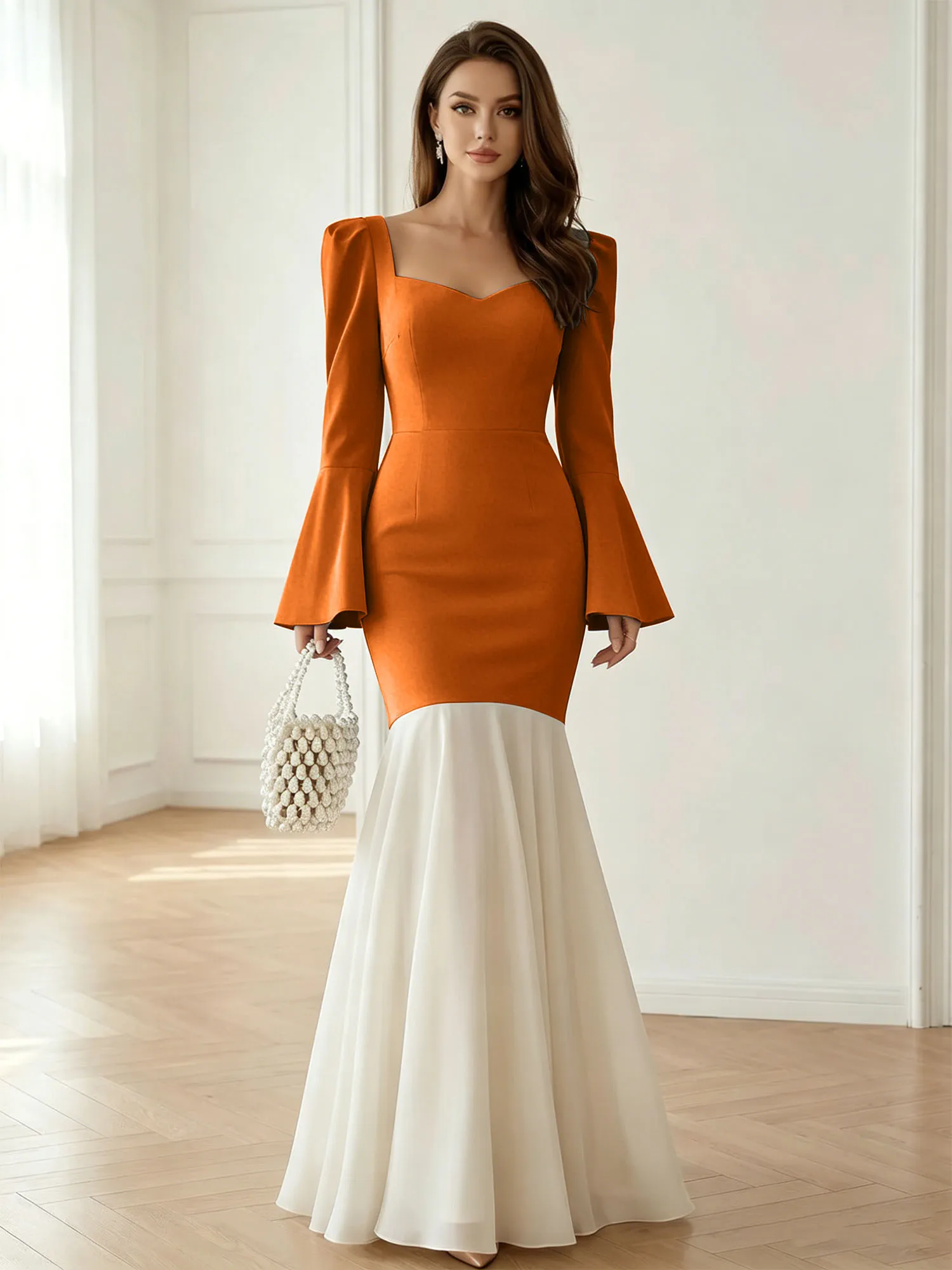 Sweetheart Neck Bell Sleeve Two-Tone Mermaid Evening Gown