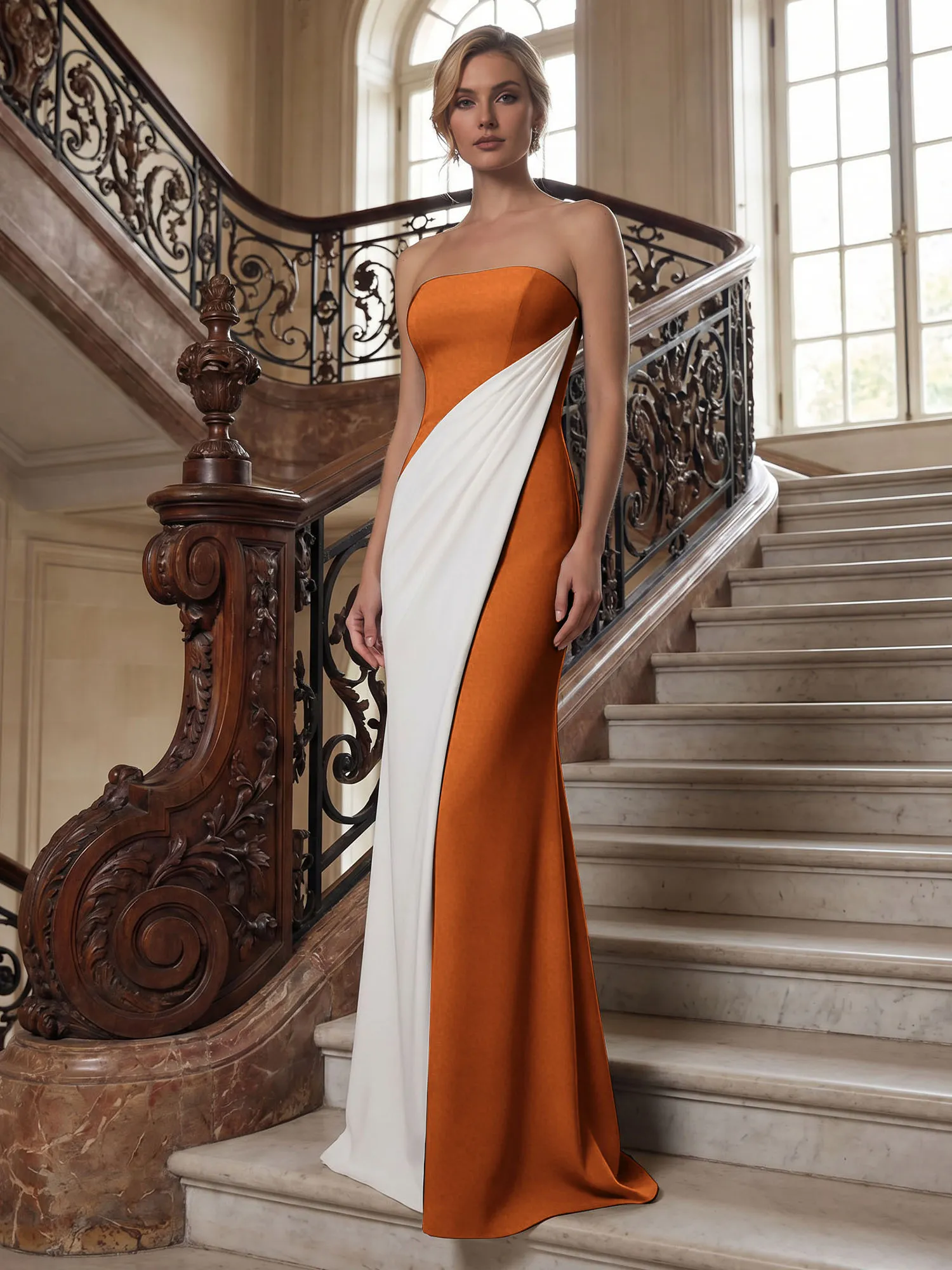 Strapless Two-Tone Draped Mermaid Evening Gown