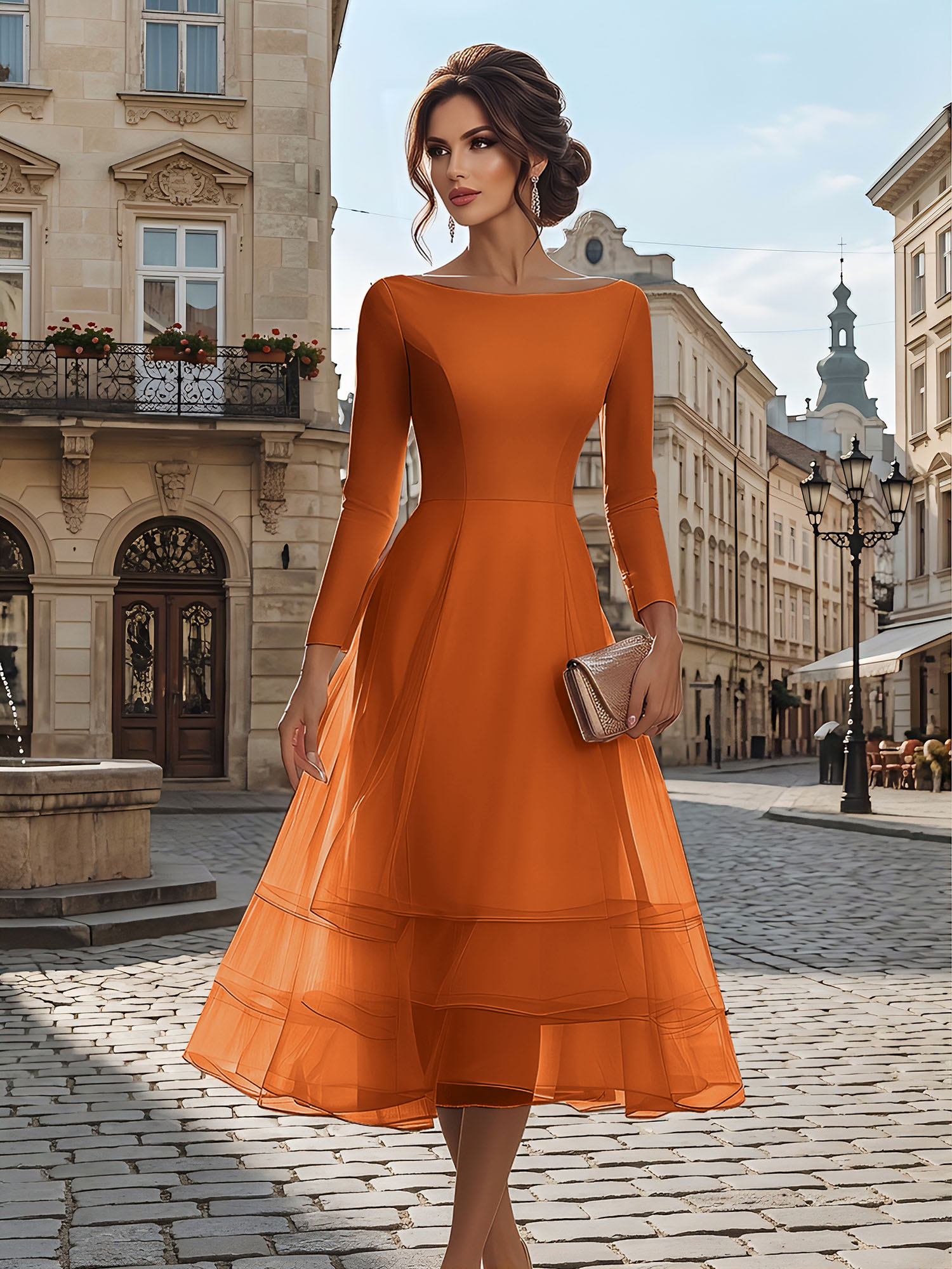 Timeless Evening Foraml Gown Blush Pink Long-Sleeve Layered Organza Midi Dress