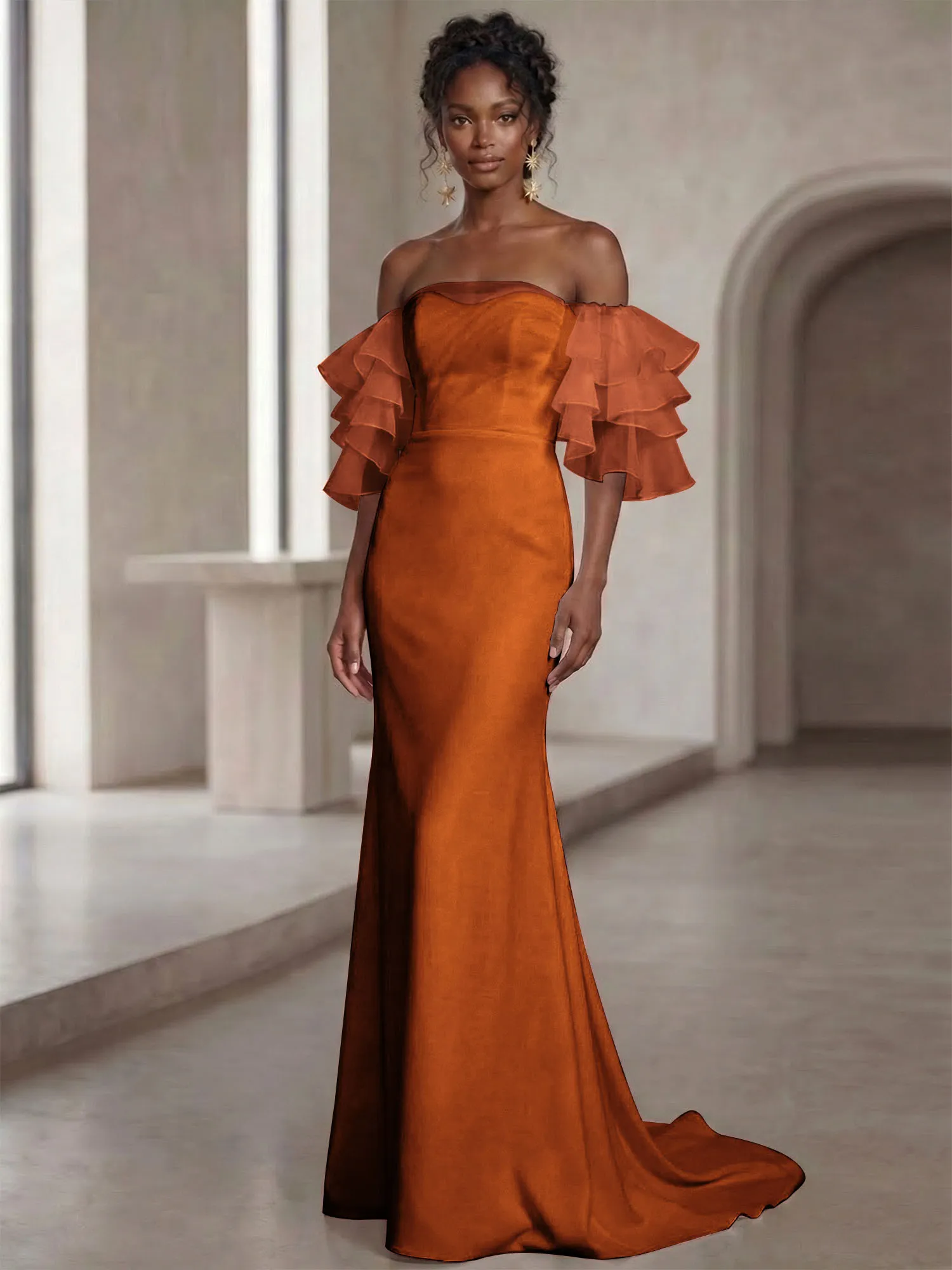 Off-the-Shoulder Tiered Organza Sleeve Mermaid Evening Gown