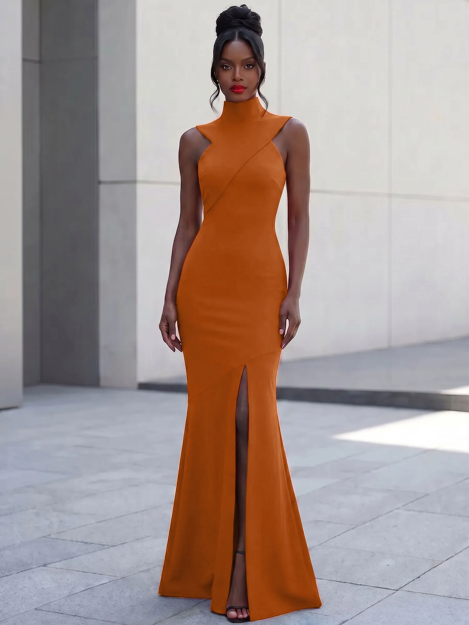 High Neck Asymmetric Cutout Mermaid Evening Gown