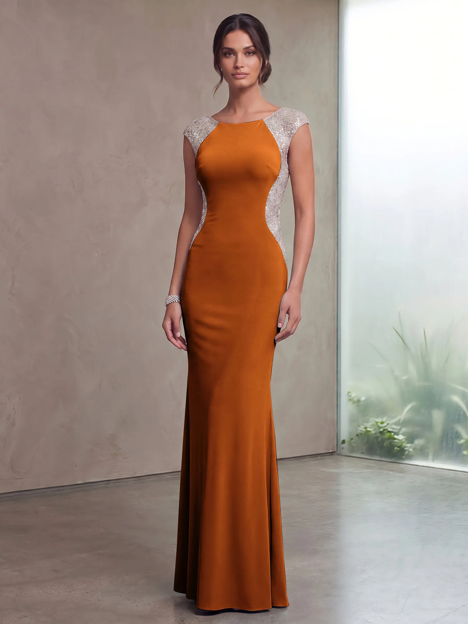 Bateau Neck Sequins Cap Sleeve Mermaid Evening Gown