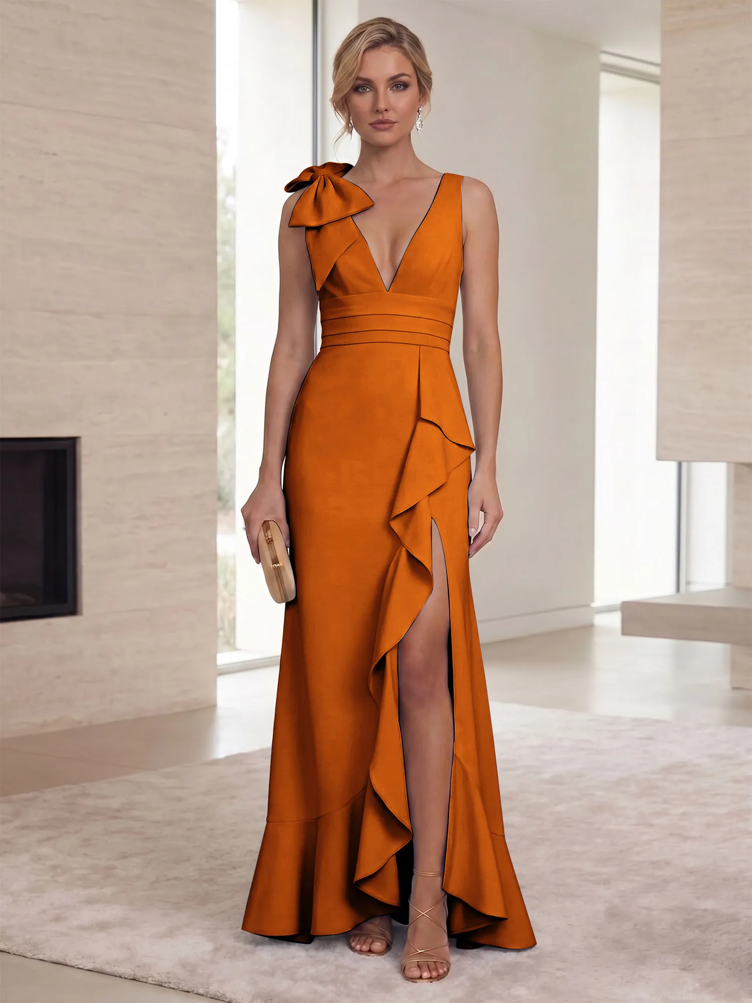 Deep V-Neck Bow-Shoulder Ruffle Slit Mermaid Evening Gown