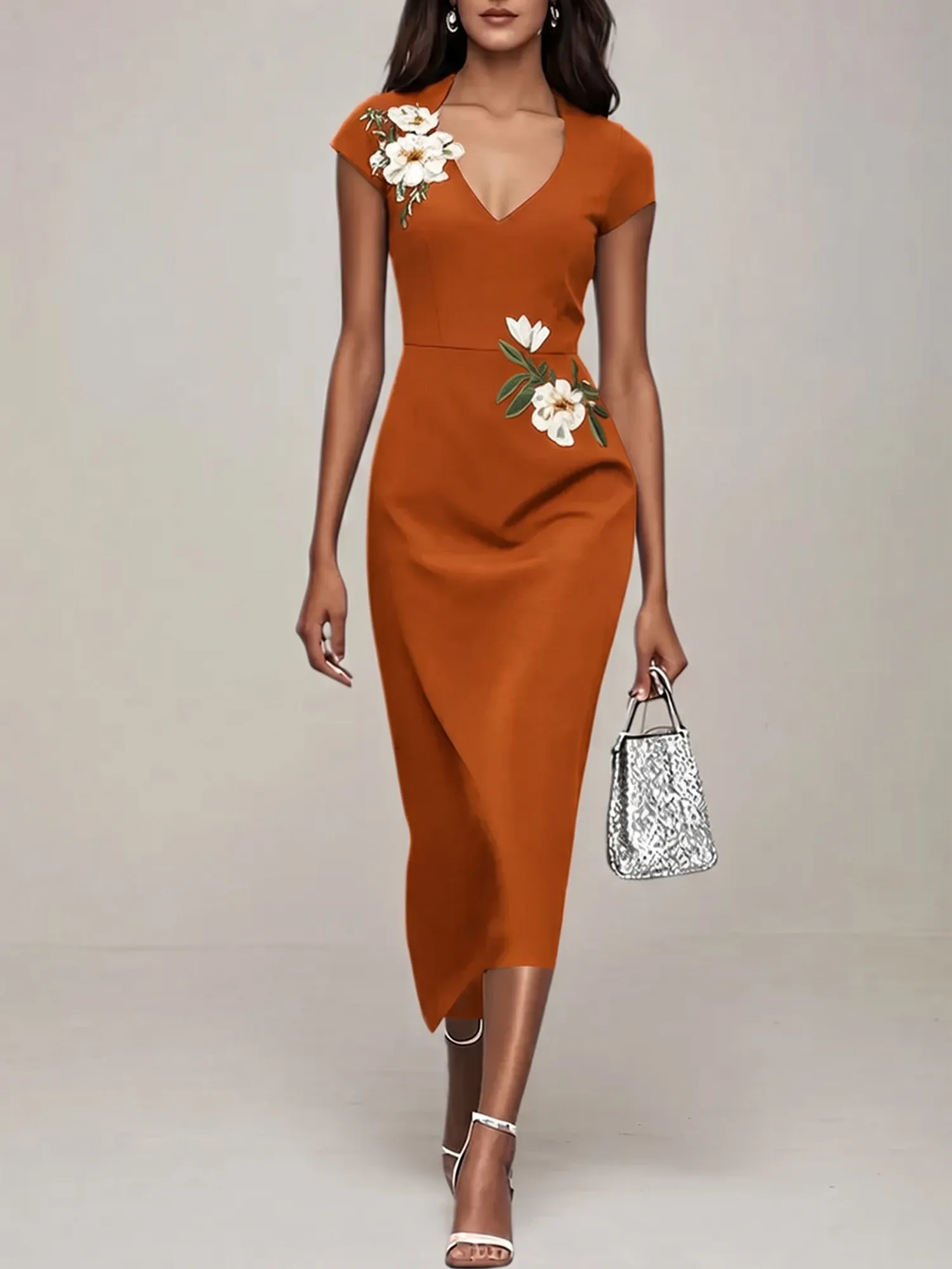 V-Neck Cap Sleeve Floral Embroidered Sheath Evening Dress