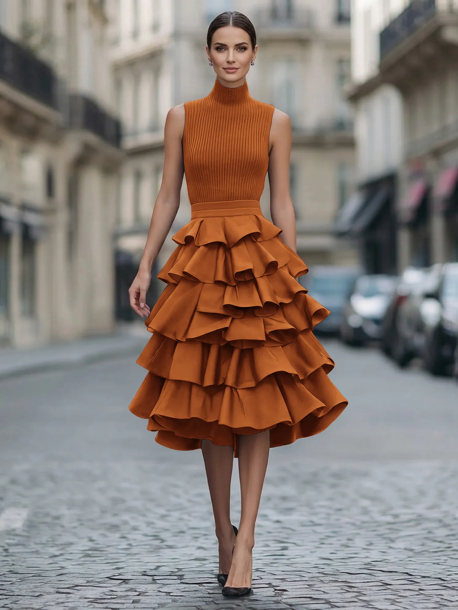 A Line High-Neck Pleated Tiered Evening Dress Maxi Dress