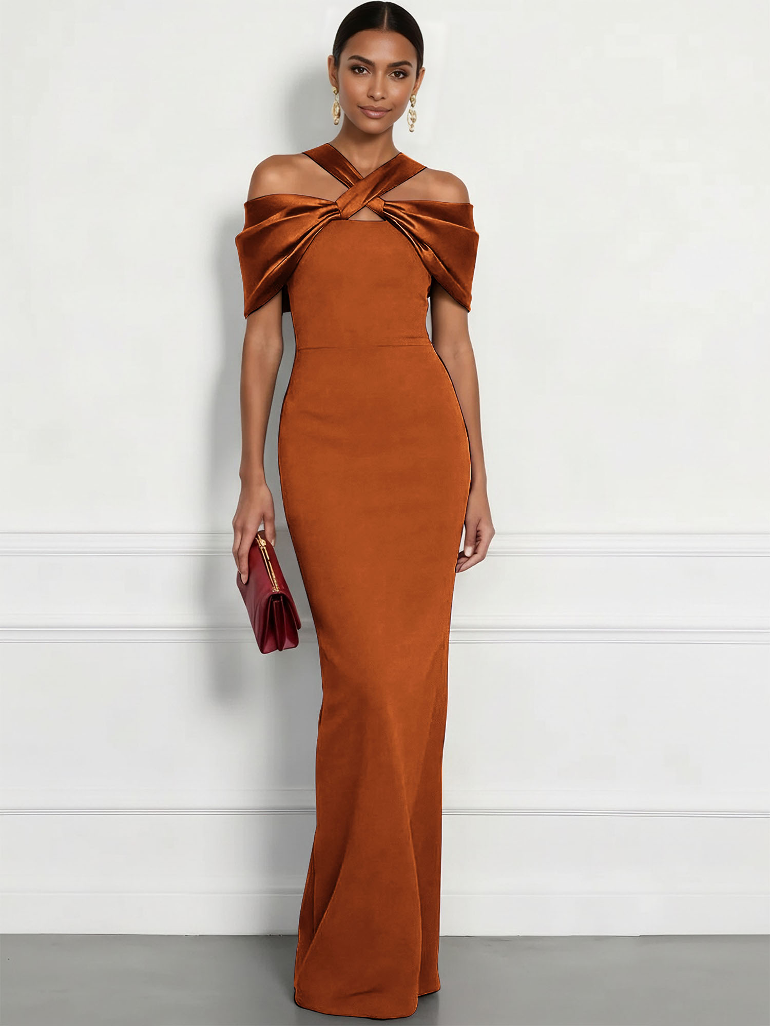  Regal Plum Crepe Column Gown with Satin Criss-Cross Halter Maxi Dress