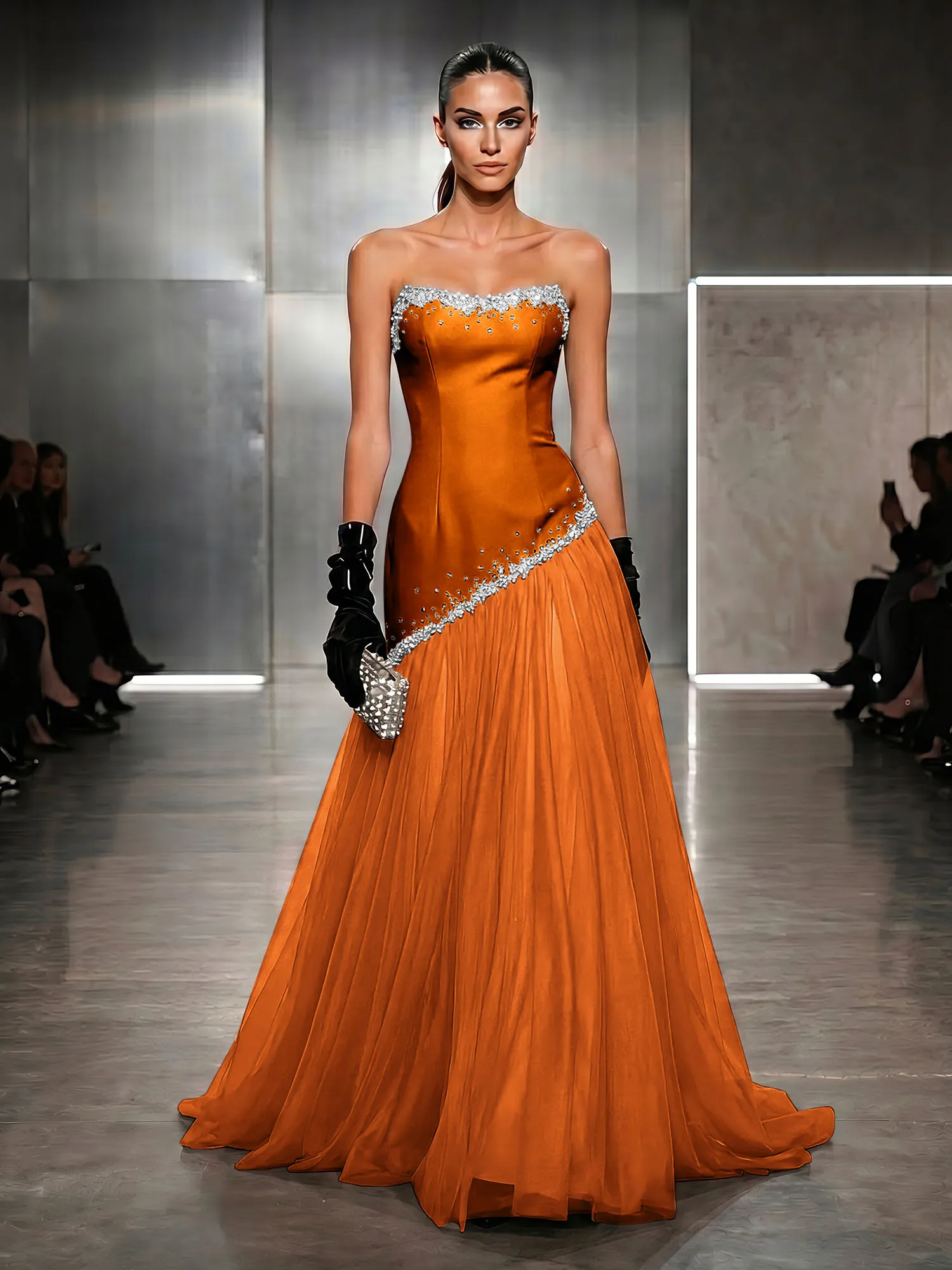 Strapless Tulle Beaded Corset Evening Gown Maxi Dress