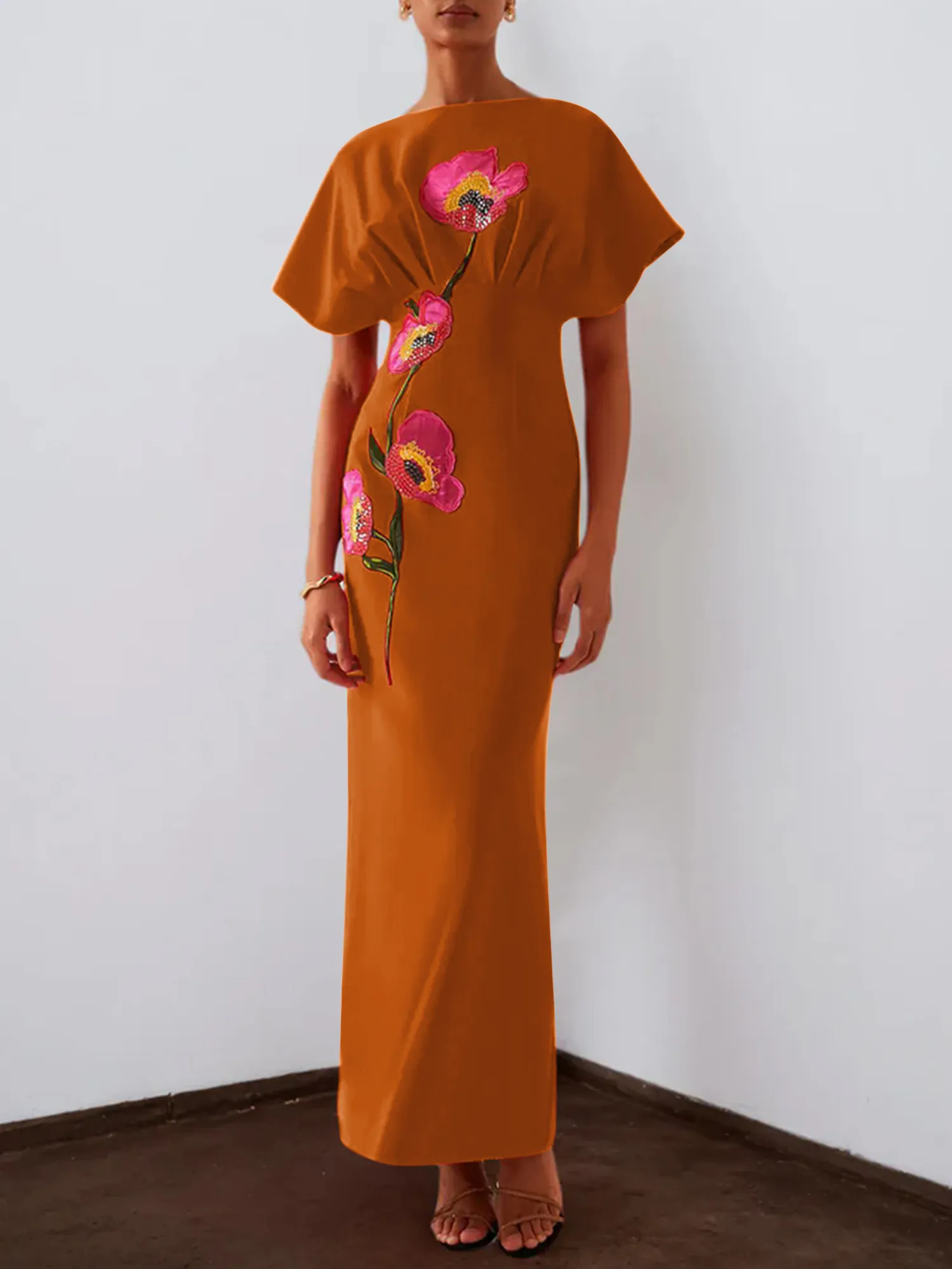 Floral Embroidered Boat Neck Batwing Sleeve Column Evening Gown