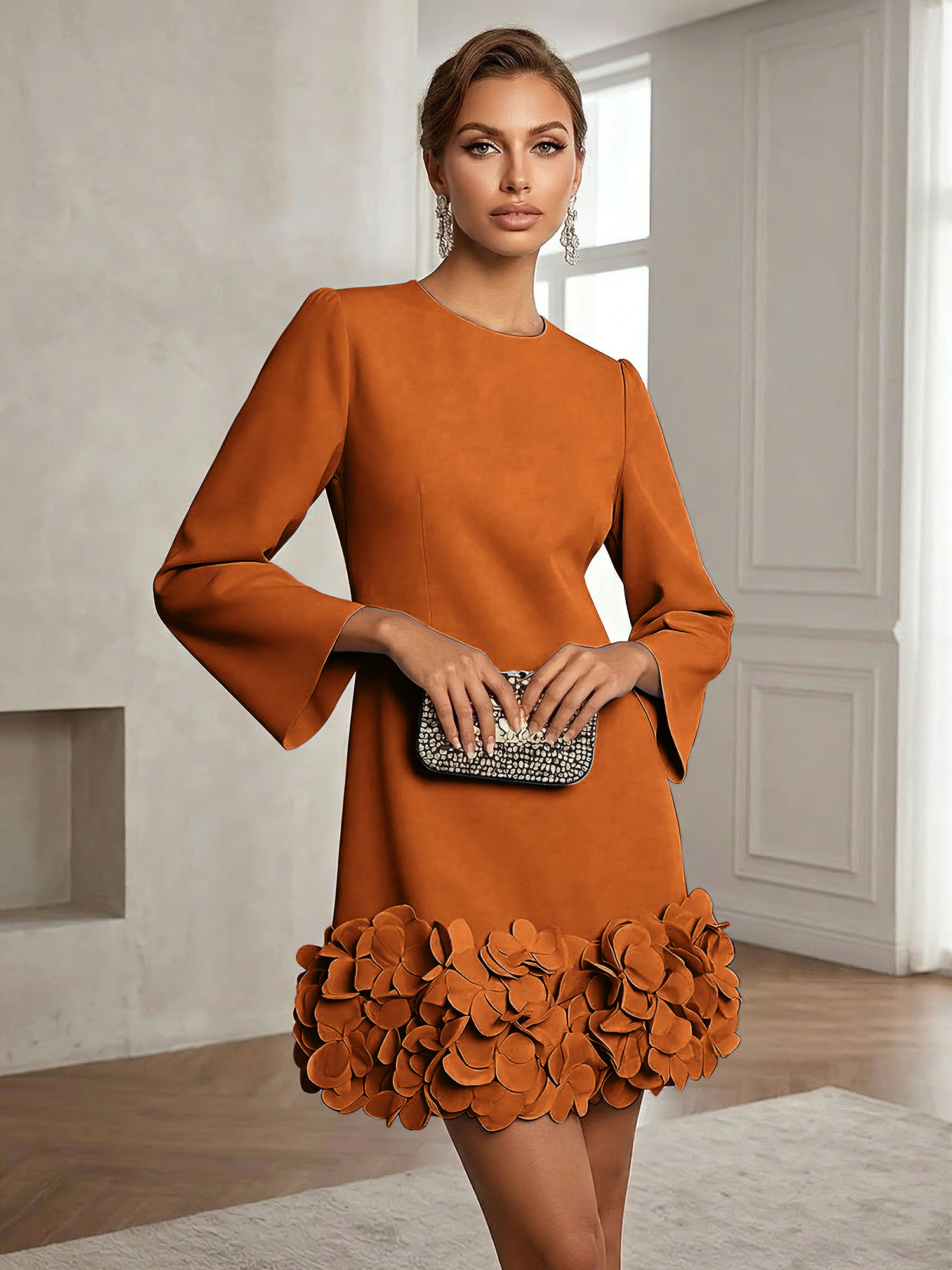 Powder Blue 3D Floral Classic Crew Neck Bell Long Sleeve Shift Mini Dress