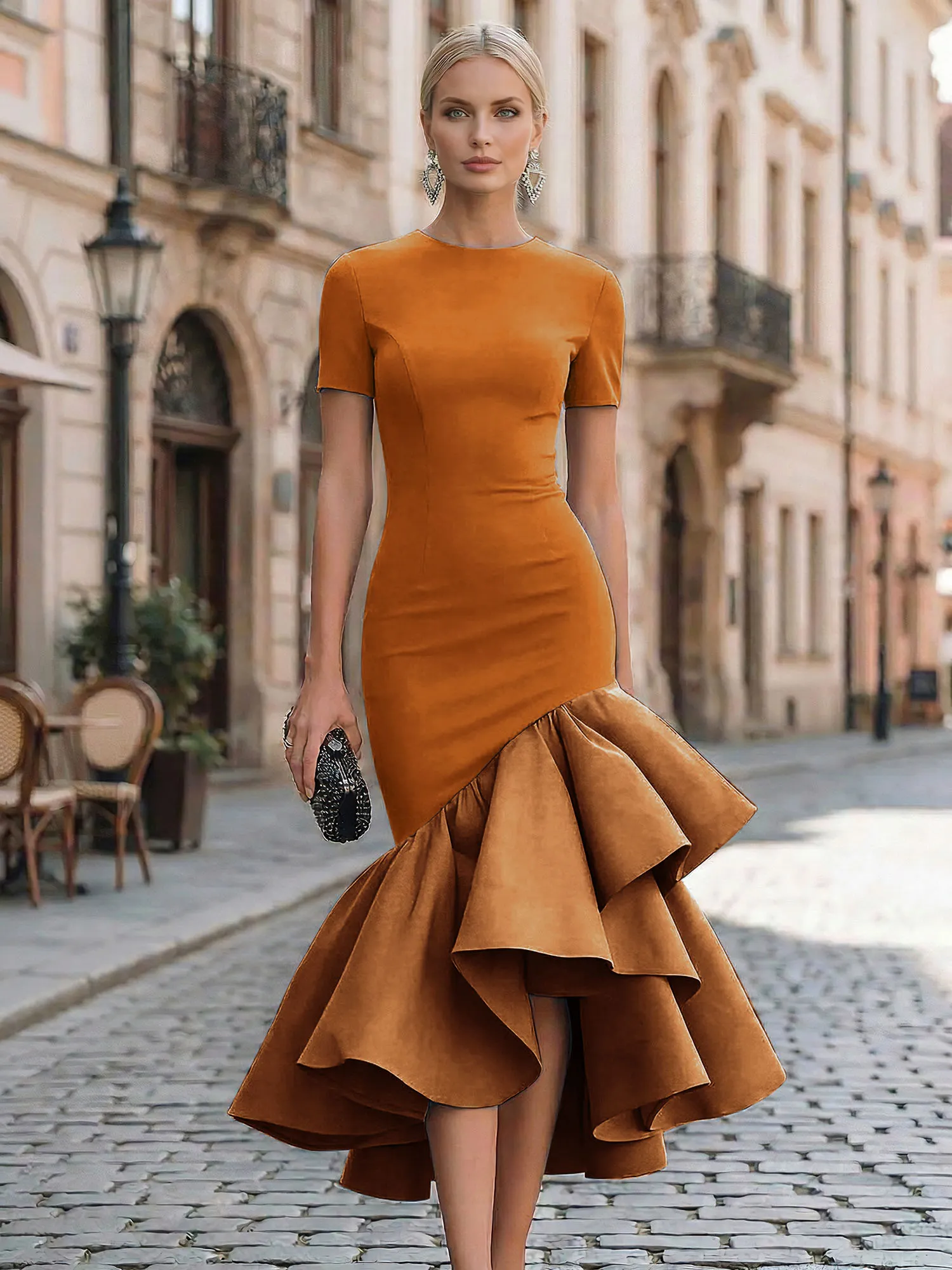 Evening Foraml Gown Avant-Garde Black Short-Sleeve Tiered Ruffle Midi Dress