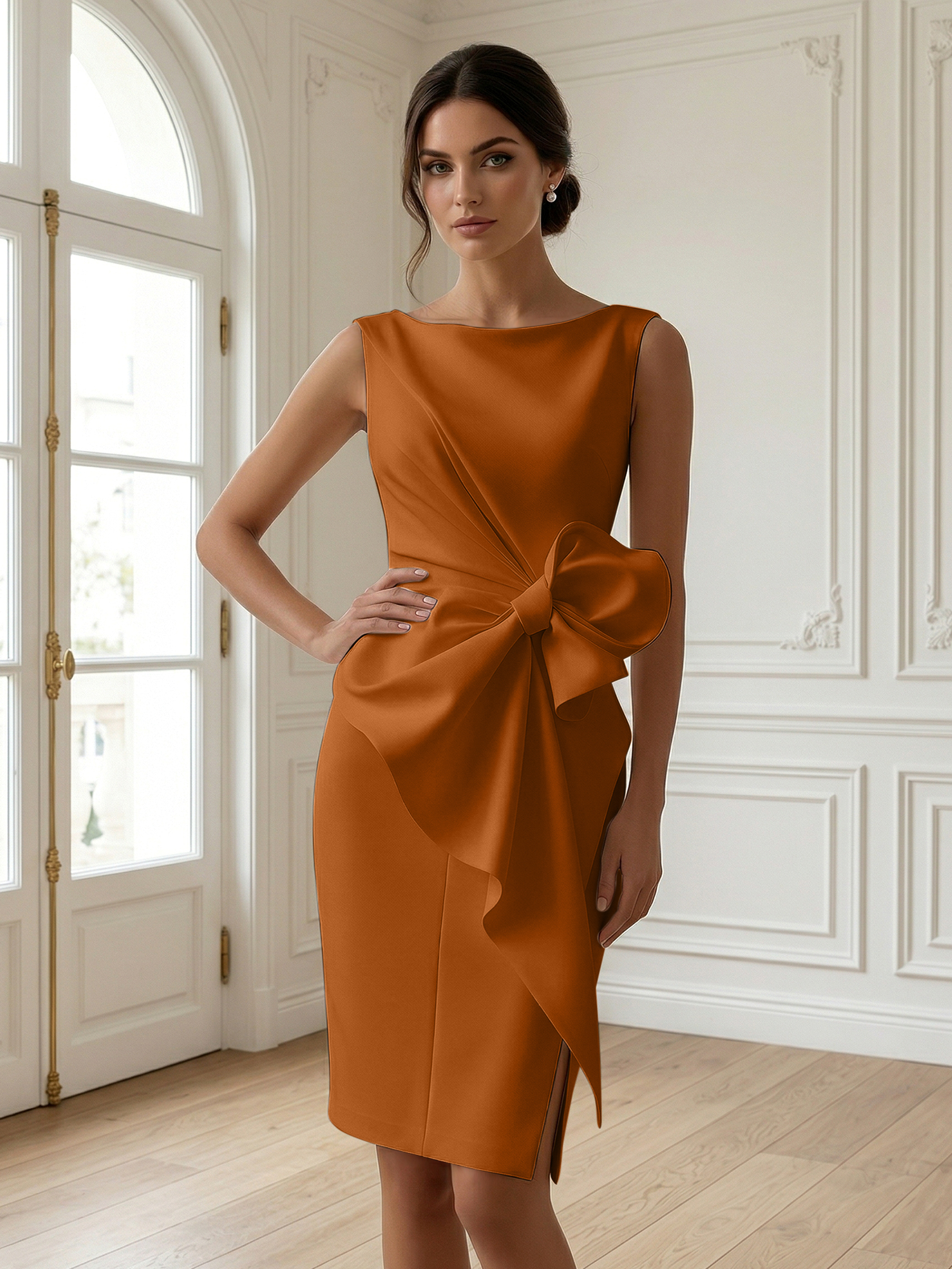 White 3D Bow Sleeveless Sheath Midi Dress Evening Gown