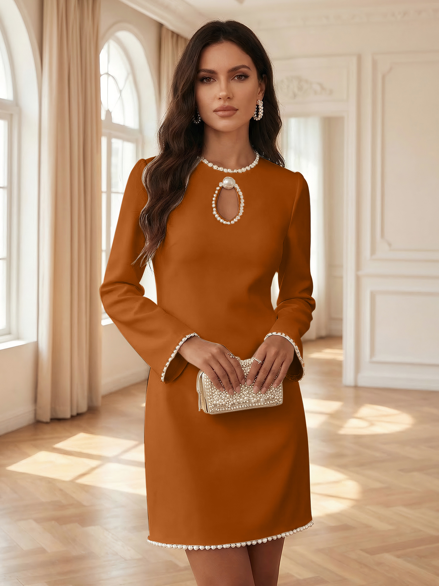 White Pearl Hollow Out Classic Crew Neck Long Sleeve Shift Mini Dress Gown