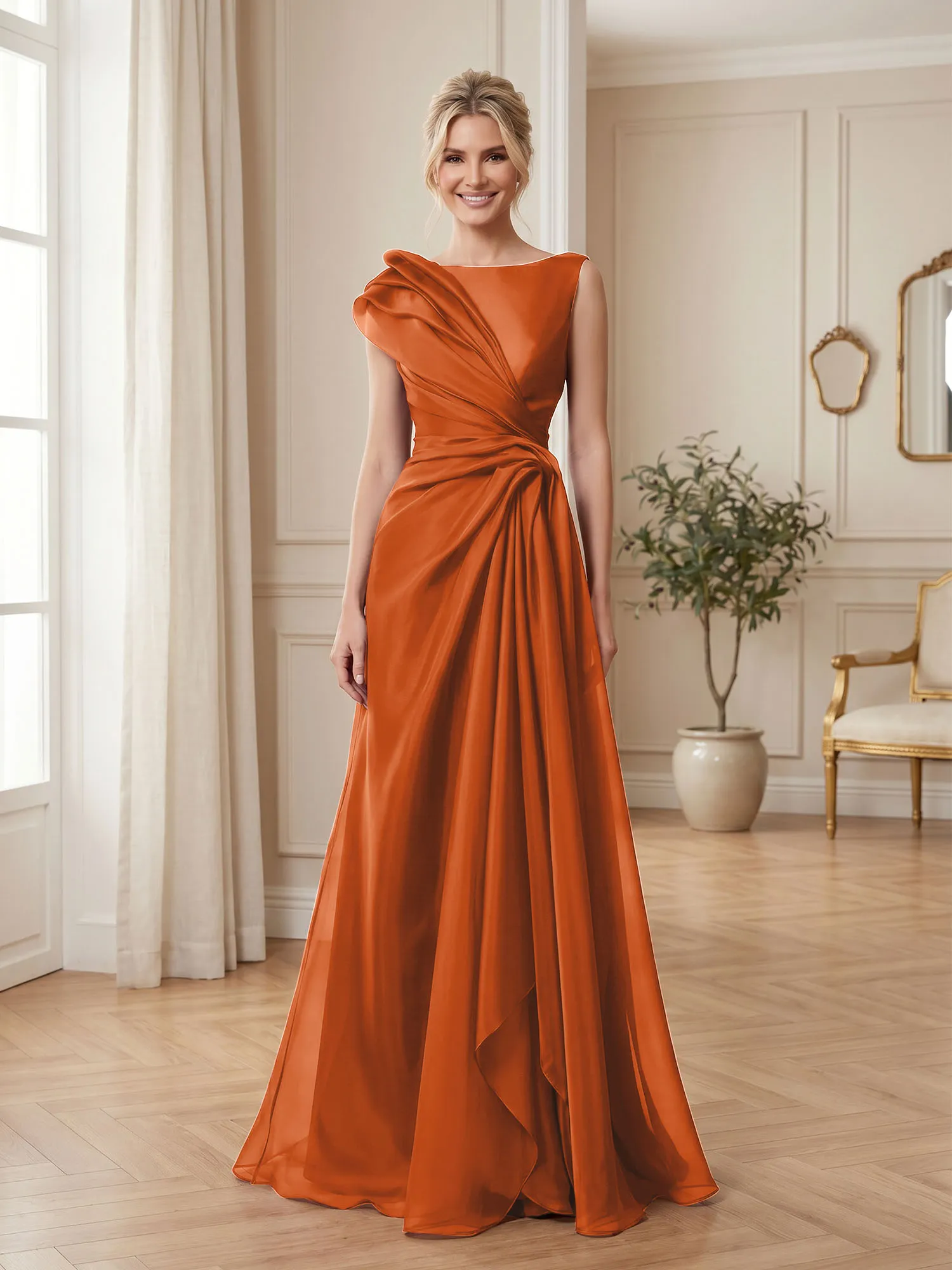 A Line Ruched Draped Tulle Evening Gown