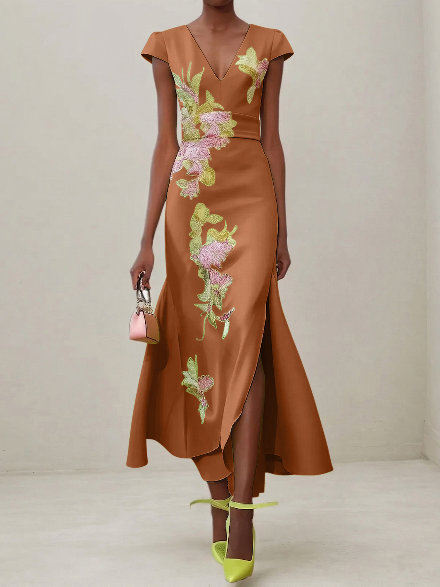 Elegant V-Neck Cap Sleeve Satin Midi Gown with Floral Embroidery & High Slit