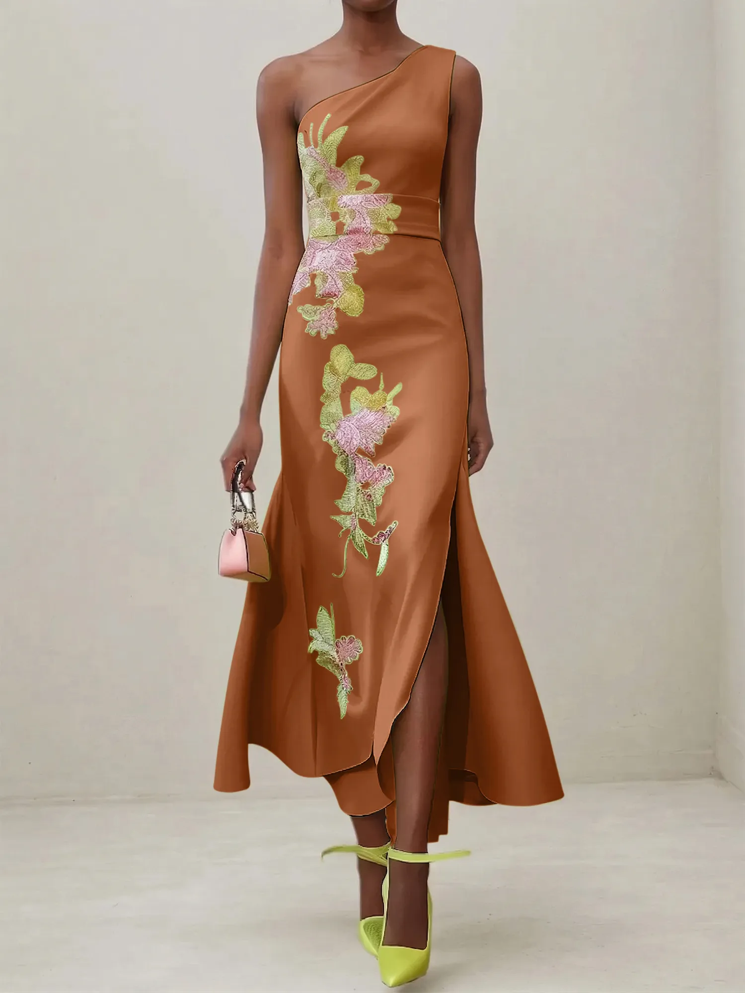 Elegant One Shoulder Cap Sleeve Satin Midi Gown with Floral Embroidery & High Slit