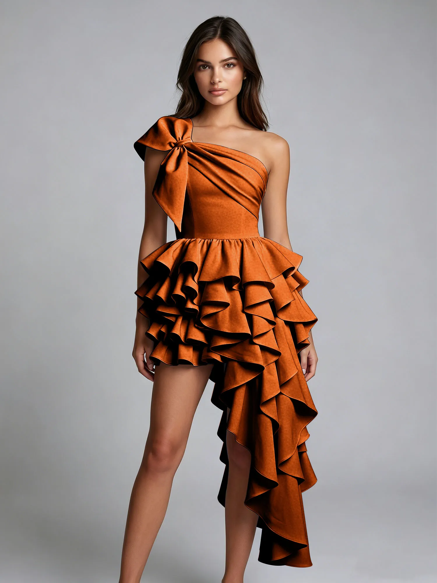 One-Shoulder Bow Tiered Ruffle Asymmetrical Homecoming Dress