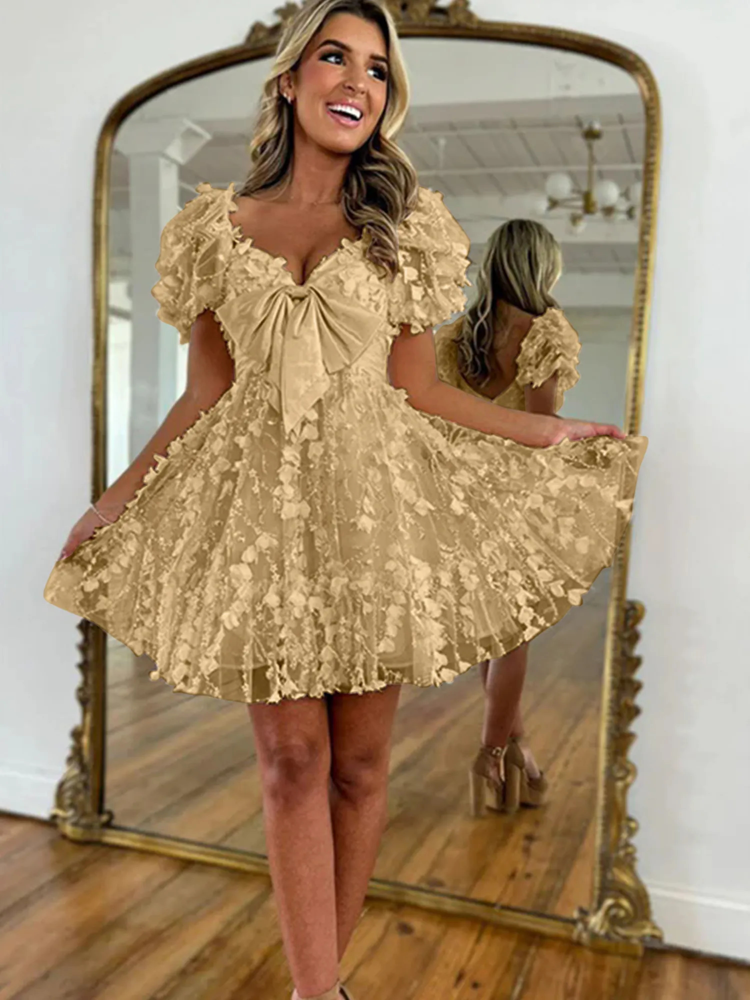 A Line Puff Sleeve 3D Floral Bow Homecoming Mini Dress