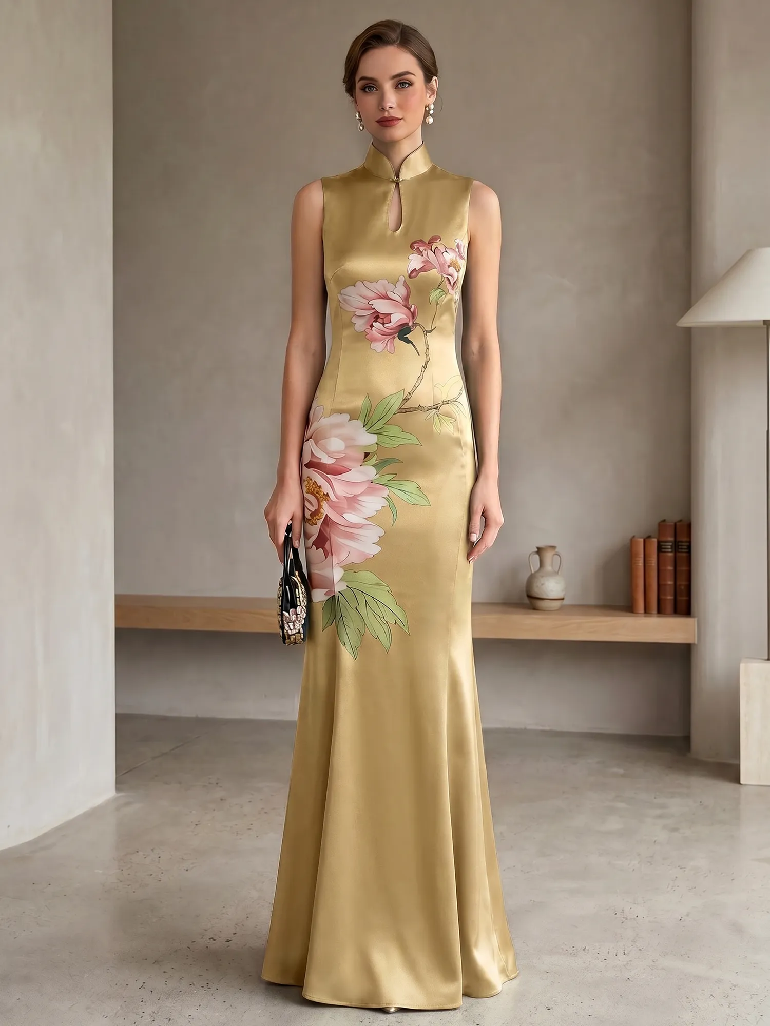 Satin Qipao-Inspired Floral Mermaid Evening Gown