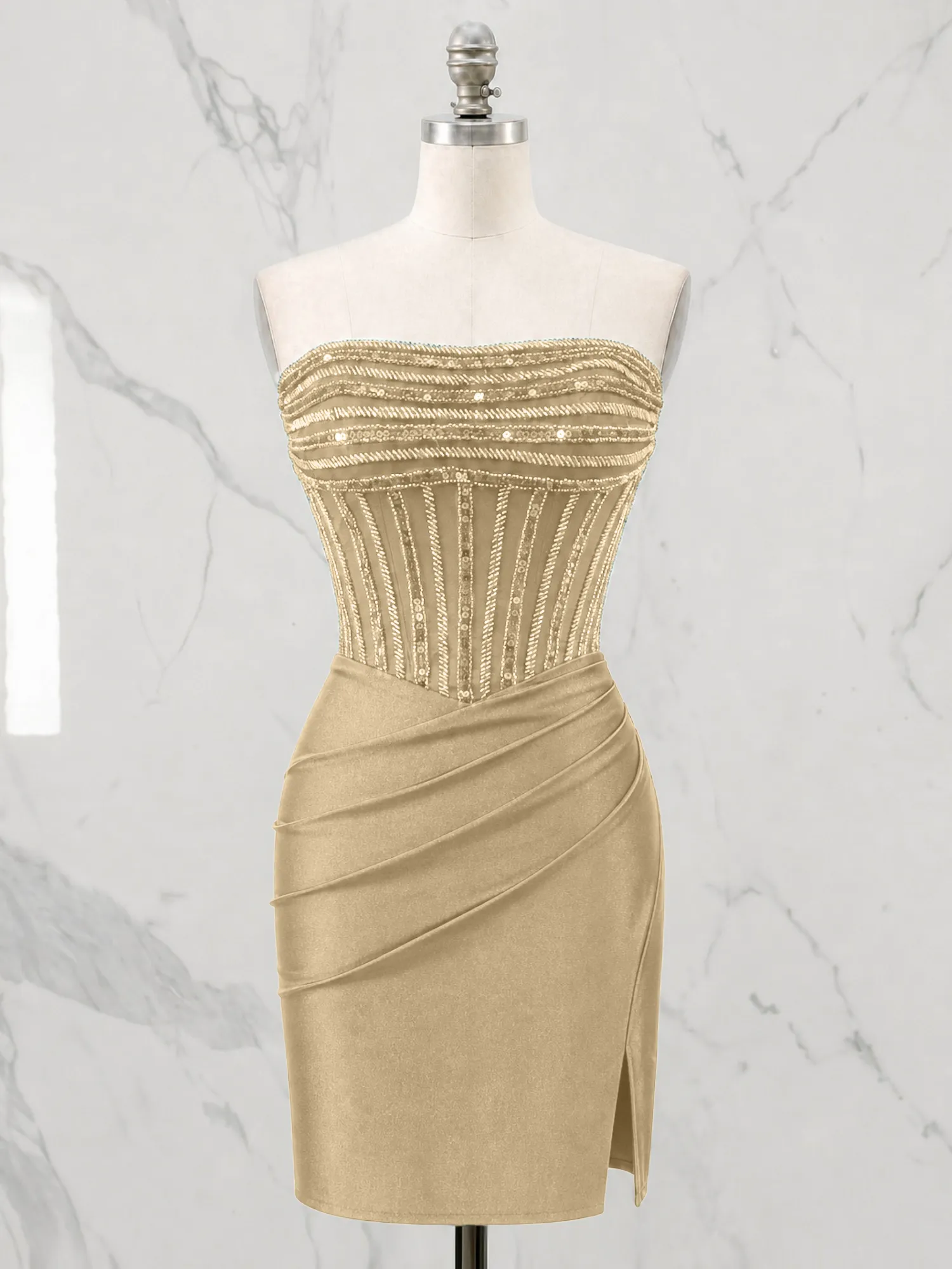Strapless Beaded Corset Homecoming Dress with Ruched Skirt