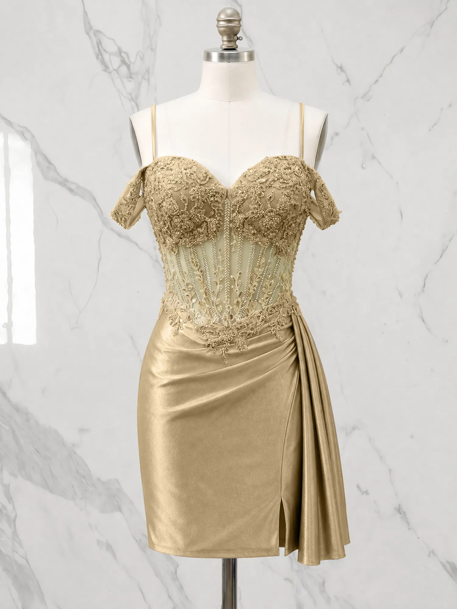 Off-the-Shoulder Lace Corset Homecoming Dress with Draped Skirt