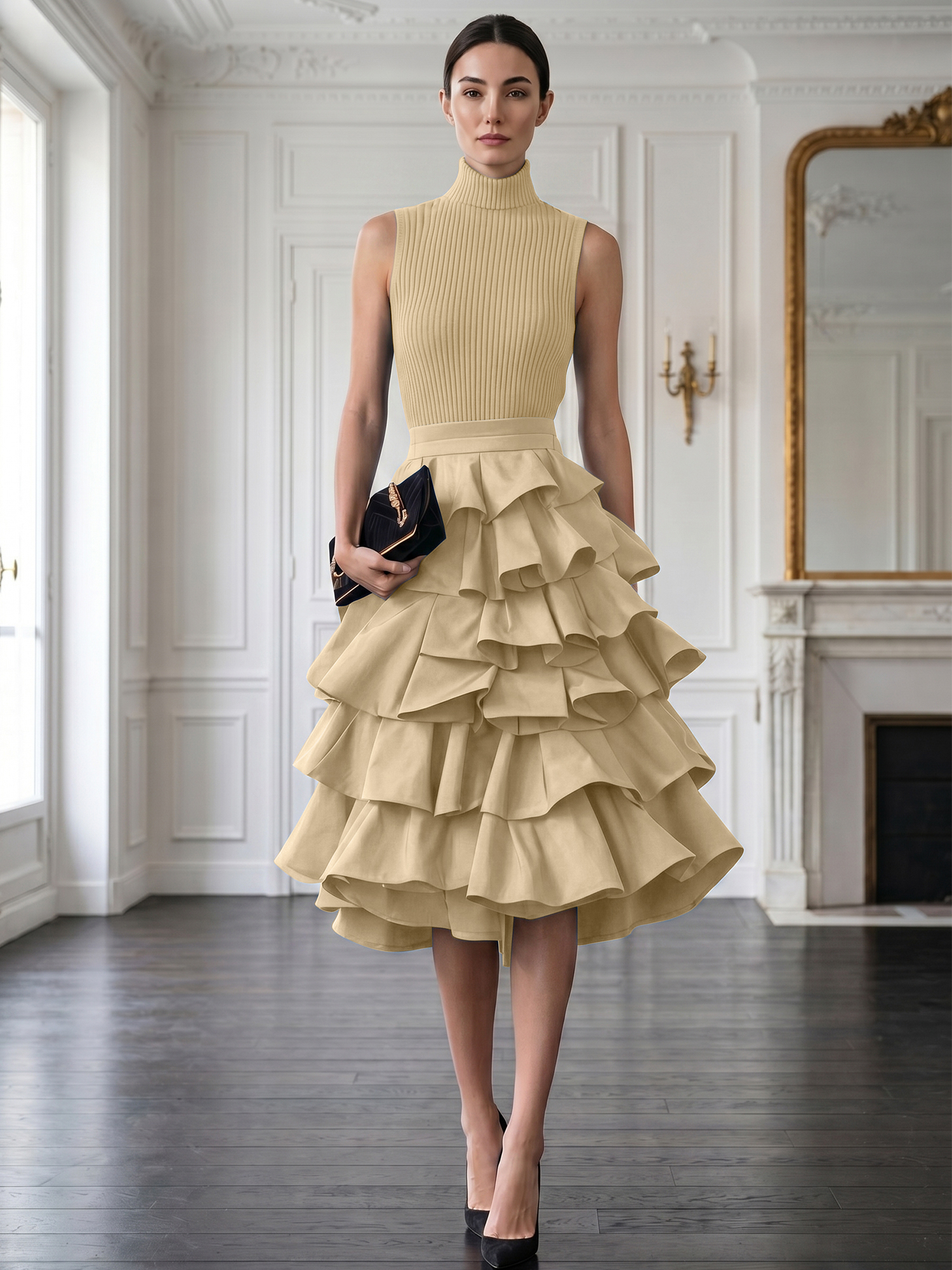 Avant-Garde Black High-Neck Tiered Ruffled Evening Gown