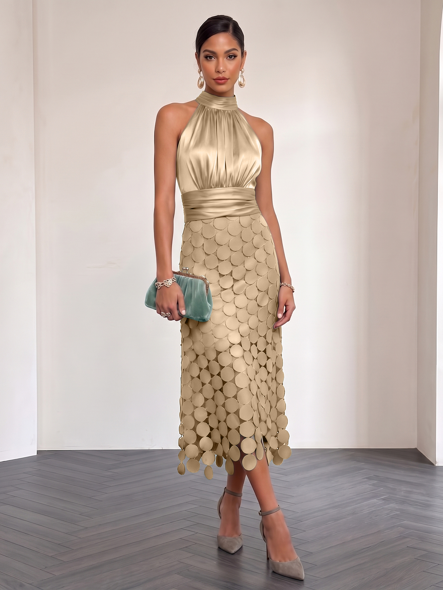 Ice Blue Satin Halter Circle Motif Midi Formal Evening Gown