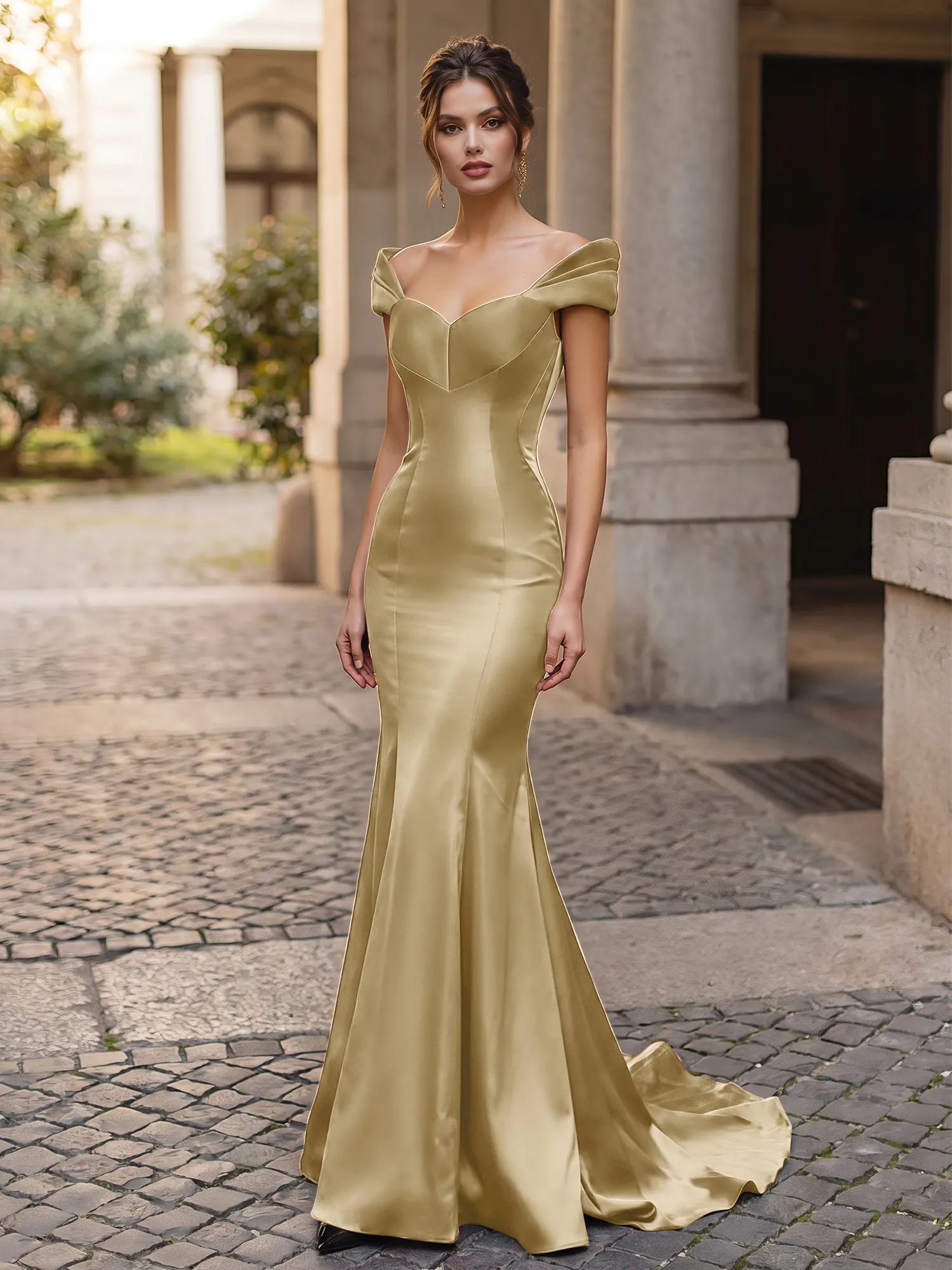 Off-the-Shoulder Sweetheart Lace-Up Back Satin Mermaid Prom Dress