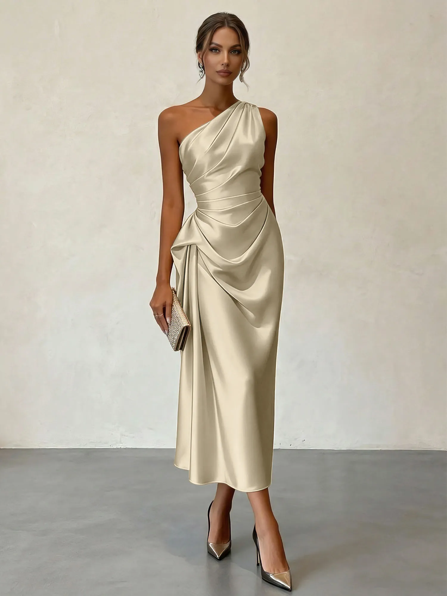 One-Shoulder Ruched Satin Midi Evening Dress with Draped Detail