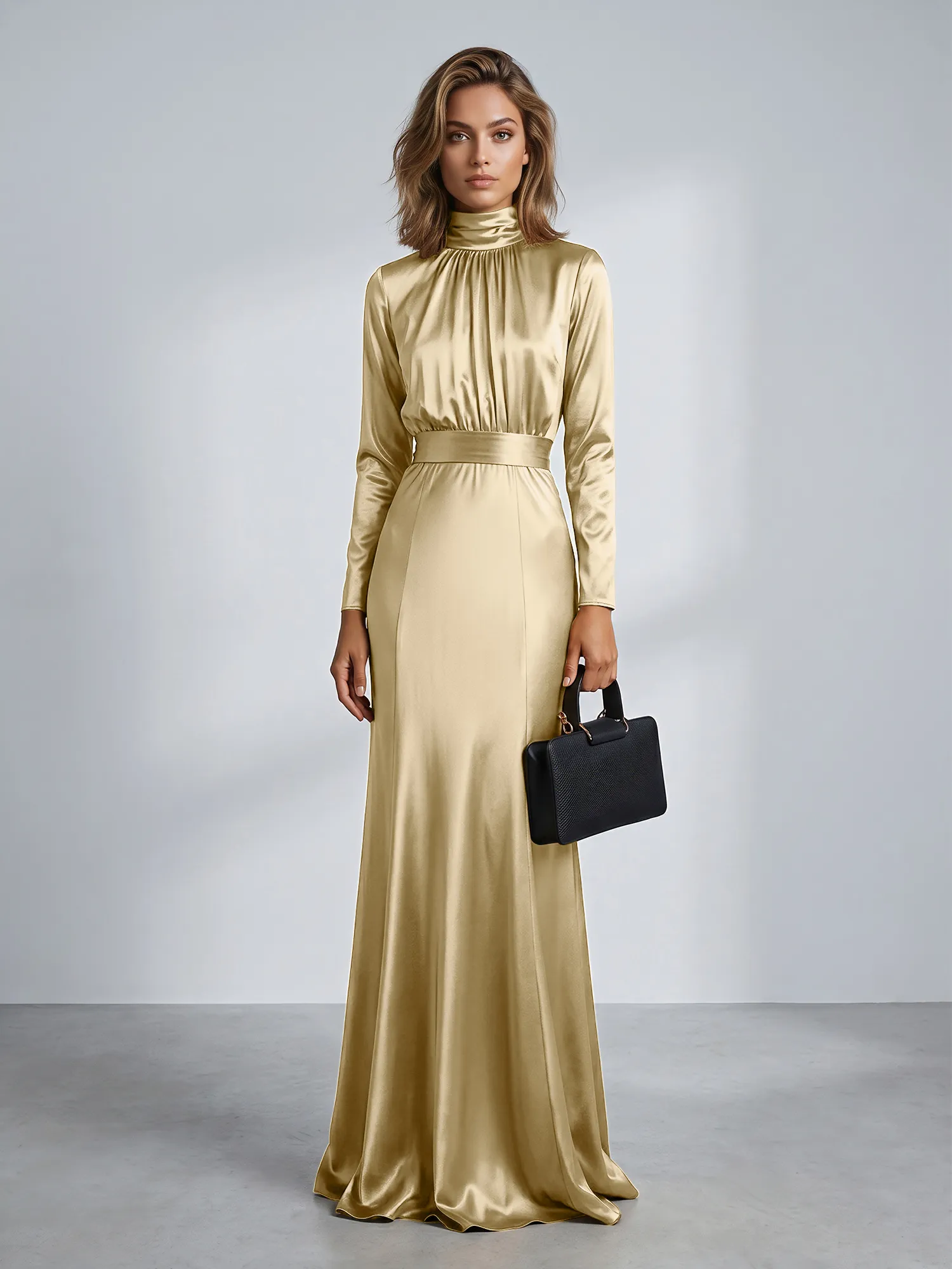 High Neck Long Sleeve Satin Mermaid Evening Gown with Waist Sash