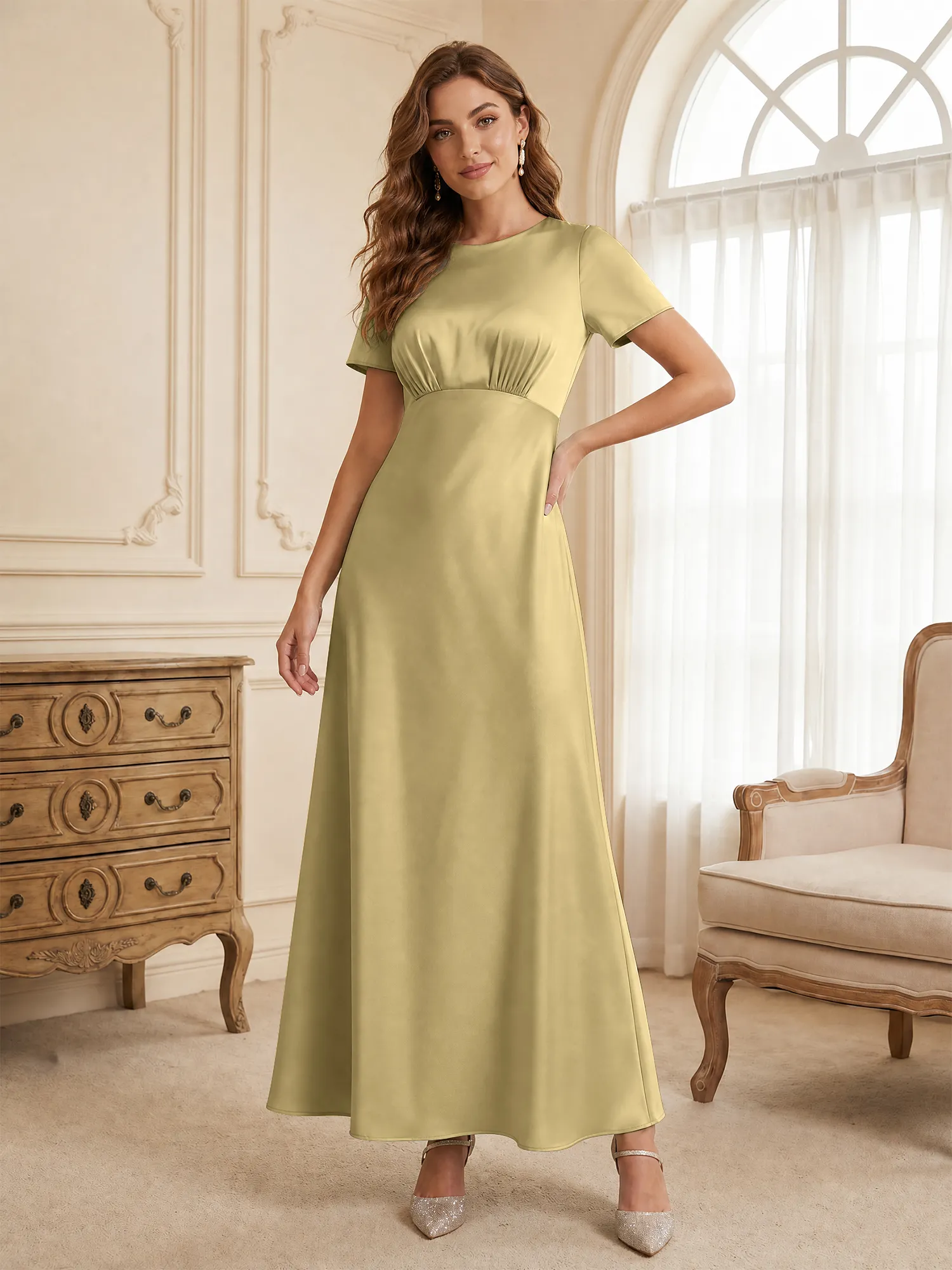 Round Neck Short Sleeve Satin Bridesmaid Dress