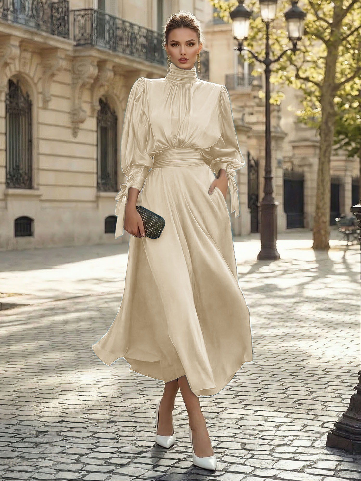 Sophisticated Camel V-Neck Balloon Sleeve Midi Dress Evening Gown