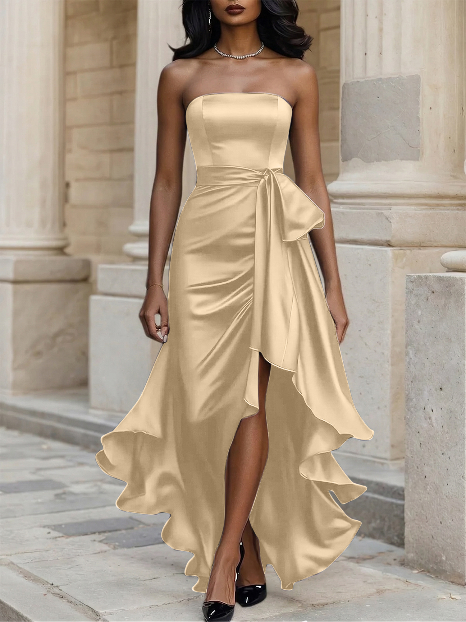 Glamorous Formal Dress Midnight Navy Strapless High-Low Satin Gown Midi Dress