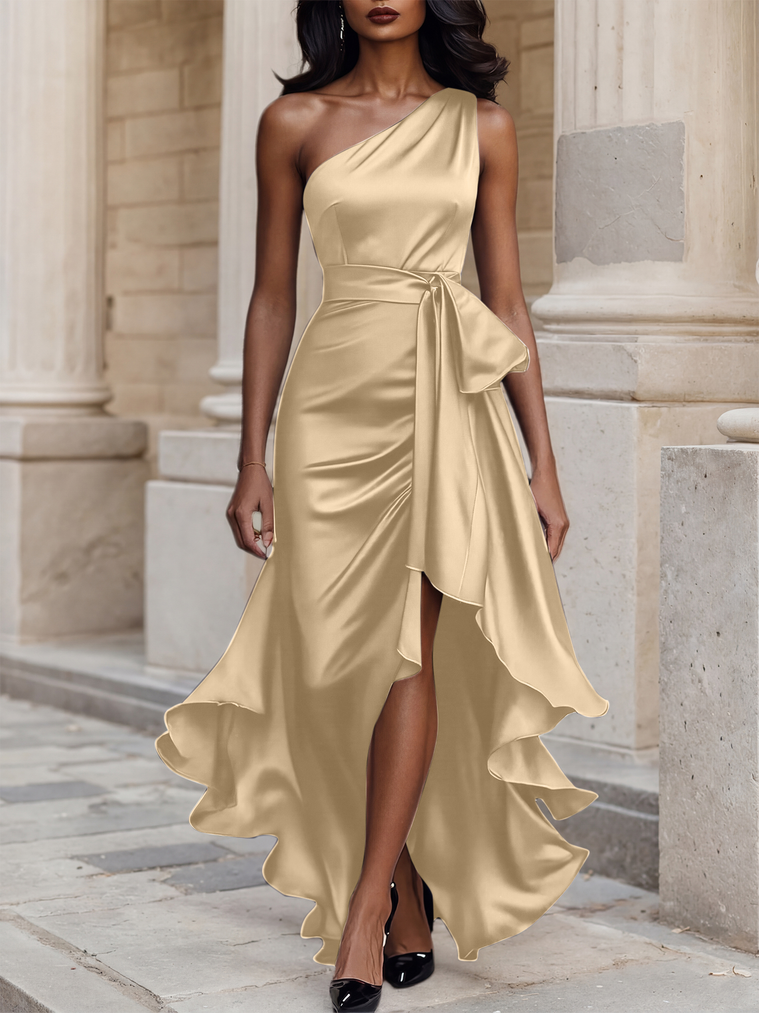 Glamorous Formal Dress Midnight Navy One Shoulder High-Low Satin Gown Midi Dress